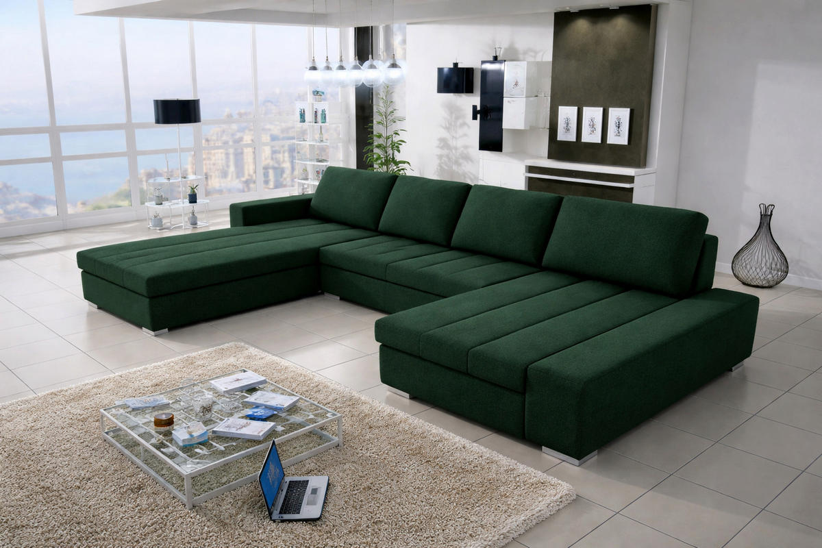 WOHNLANDSCHAFT VERONA U-Form mit Schlaffunktion, Bettkasten und Wellenfederung – Großzügiges Ecksofa 387 cm - Grün, Kunststoff (387/85/213cm) - Wohnideebilder