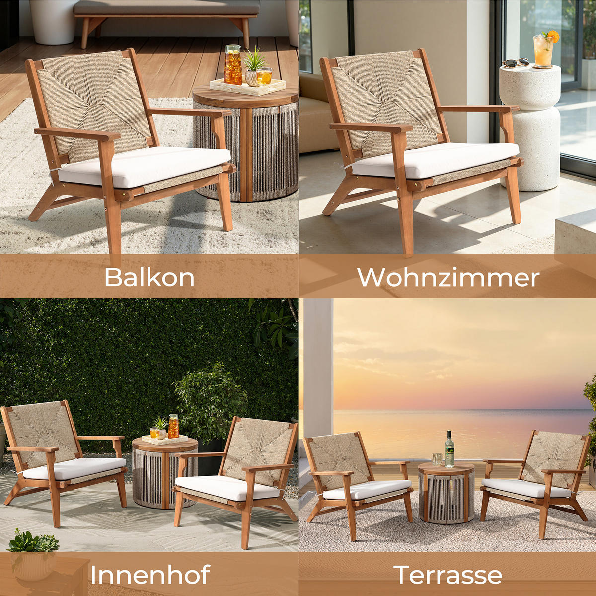73CM Outdoor-Ess- und Terrassenstuhl aus Akazienholz mit Kissen - Ahornfarben, Holz (73/73/64.5cm) - Hometopia