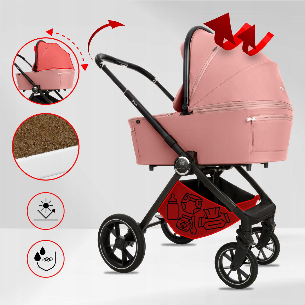 KINDERWAGEN Gavia 4in1 Olive Babywanne, Reisebuggy, Autositz, Isofix Basis - Schwarz/Rosa, Textil/Metall (58/98cm) - BabyLux