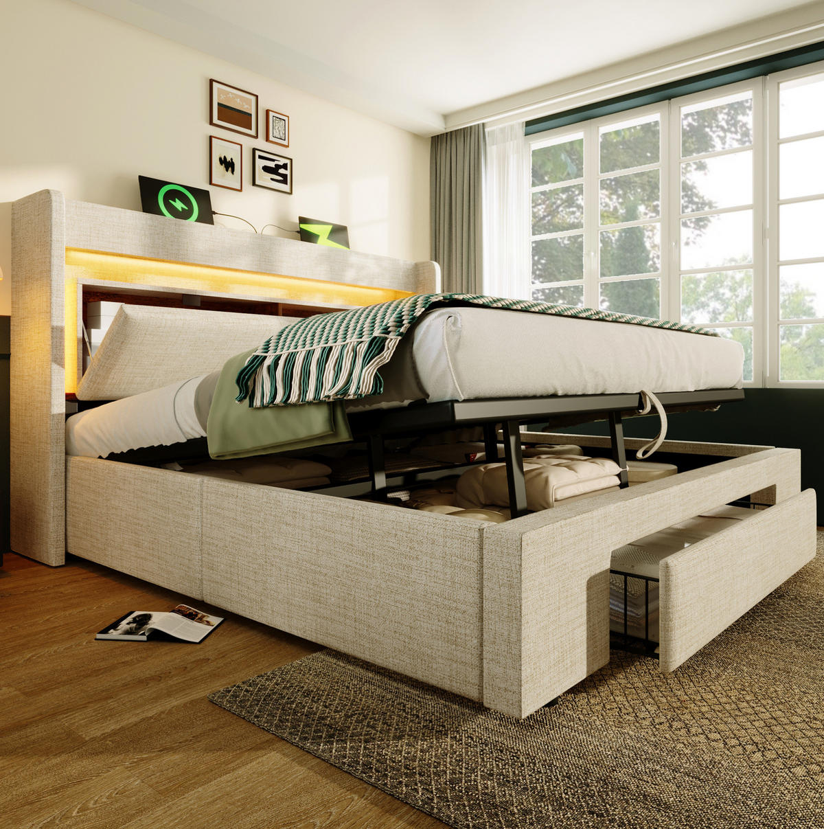 BETT mit Stauraum 140x200 cm Beige Leinen mit LED - Beige, Metall (140/200cm) - Meubliv