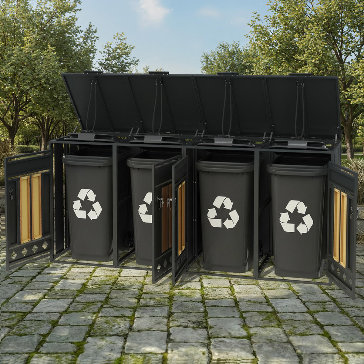 MÜLLTONNENBOX Klappdeckel 4 Türen Holzoptik vertikal - Grau, Metall (132/118.5/80cm) - LEBENLANG