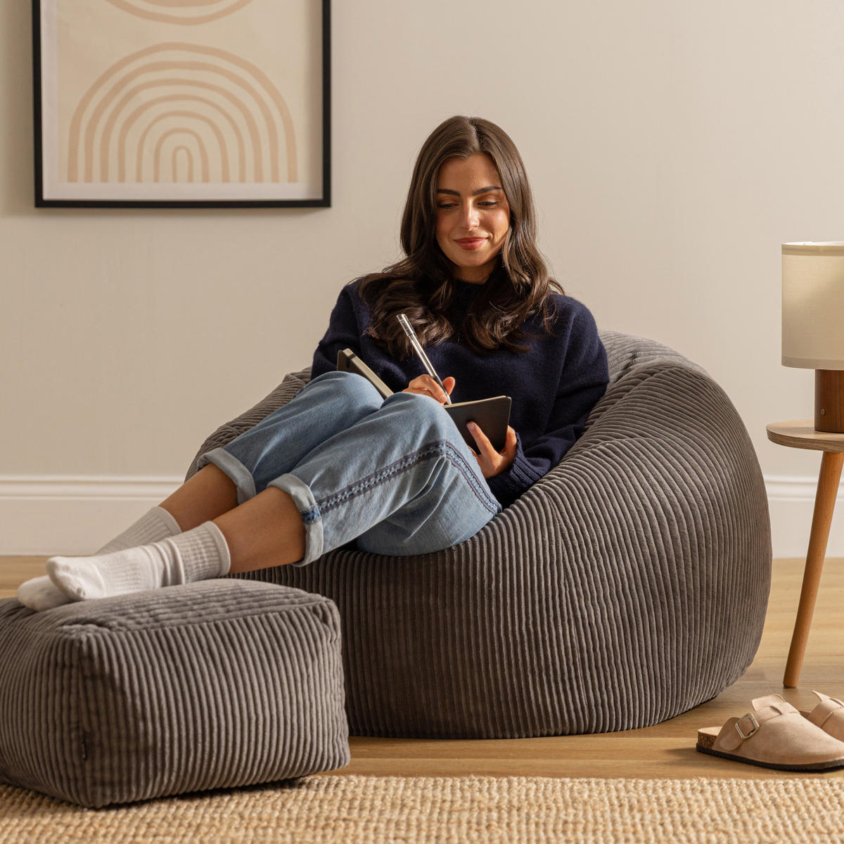 SITZSACK Klassisch + Hocker, Cord - Anthrazit, Kunststoff/Textil (85/50/85cm) - icon