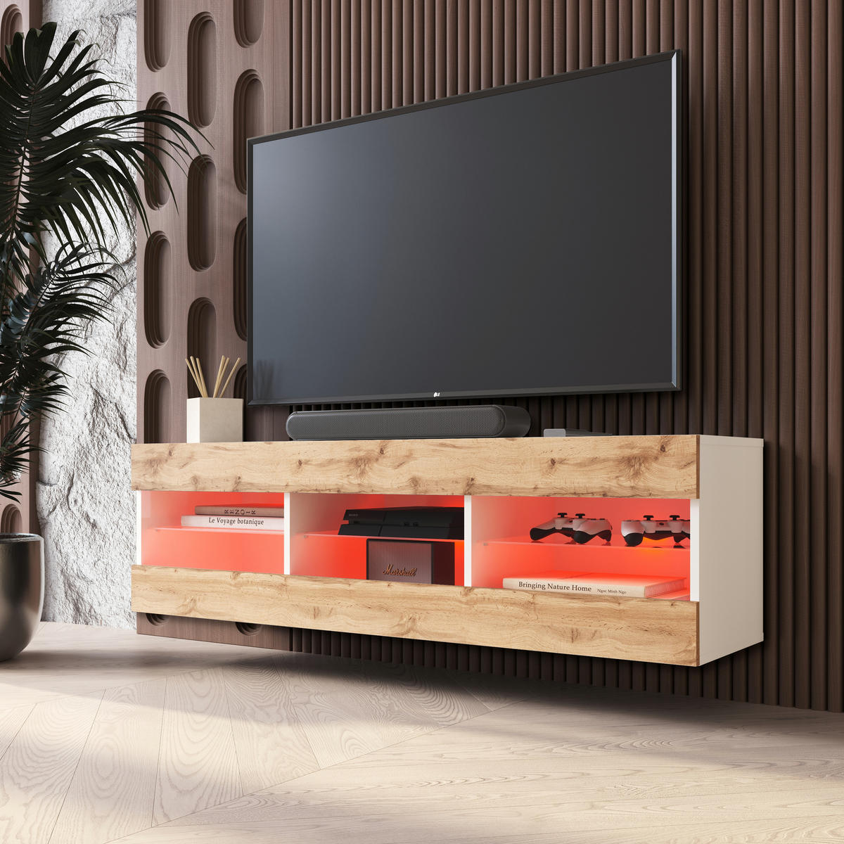 LOWBOARD TIVOLI RTV 140, Wotan, LED Mehrfarbige - Eiche Wotan/Weiß, Glas/Holzwerkstoff (140/40.5/35.5cm) - Komodee
