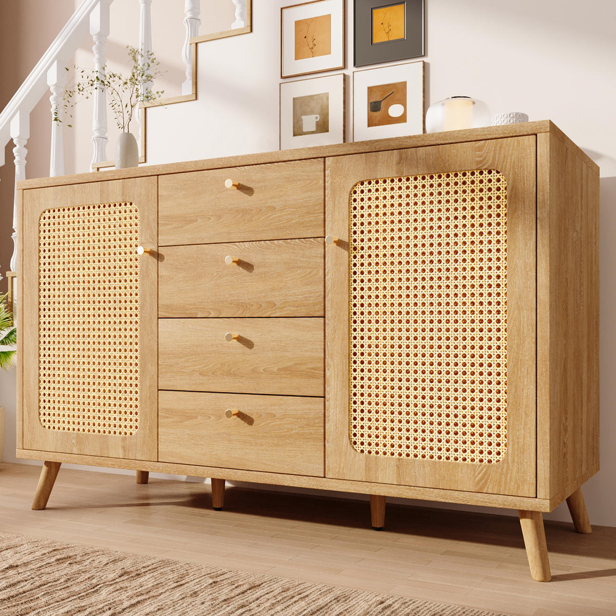 SIDEBOARD in Eichefarben mit 4 Schubladen und 2 Türen für Wohnzimmer, B140/T40/H86 cm - Eichefarben/Naturfarben, Holzwerkstoff (140/86/40cm) - STILVORA