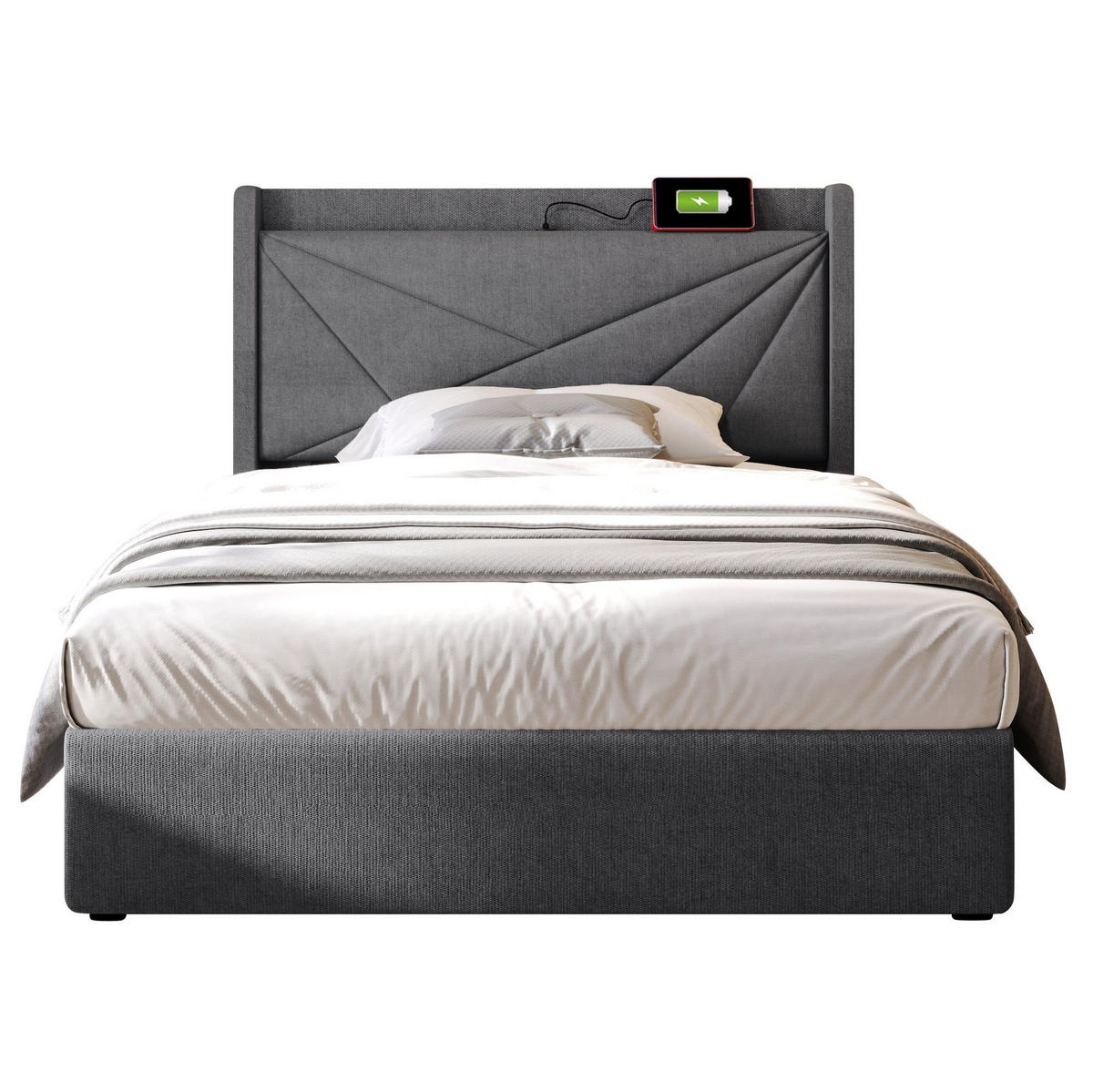 POLSTERBETT 90/200 cm Grau mit Stauraum und USB- und Type-C-Anschlüssen - Grau, Textil (90/200cm) - Flora Grace
