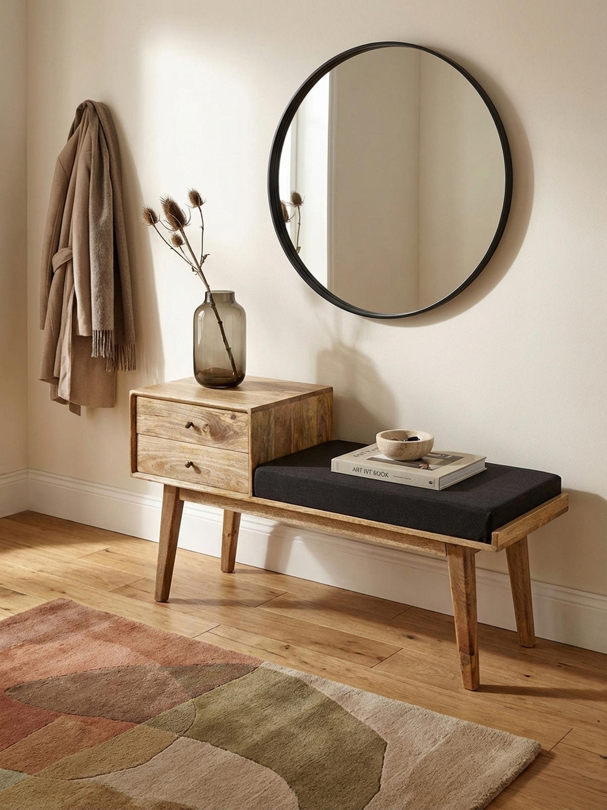 SITZBANK – Mango Holz, Schwarz, Schubladen, Retro-Stil - Schwarz/Braun, Holz/Textil (120/65/40cm) - KADIMA DESIGN