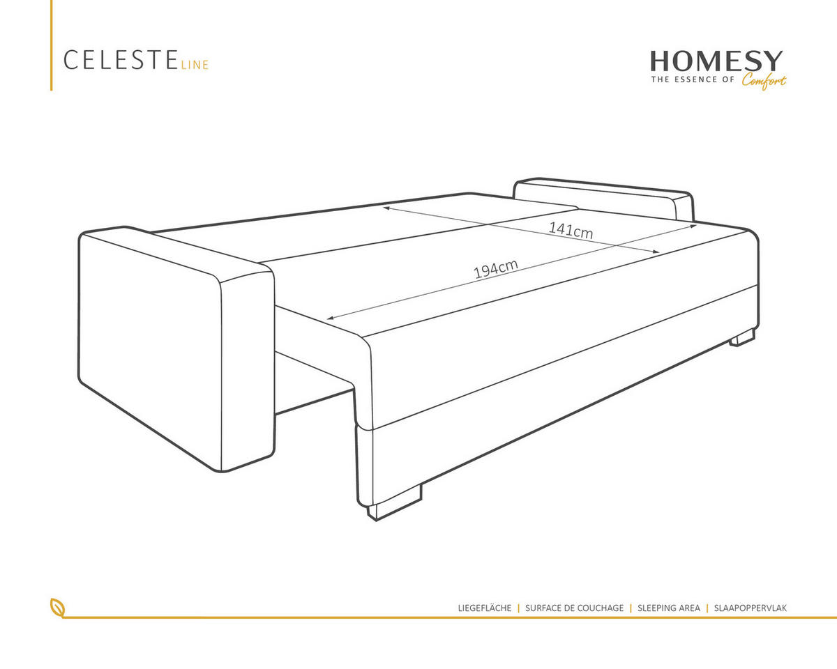 SCHLAFSOFA Celeste – modernes Design trifft auf höchsten Komfort, Grau - Grau, Holz (225/80/94cm) - Homesy