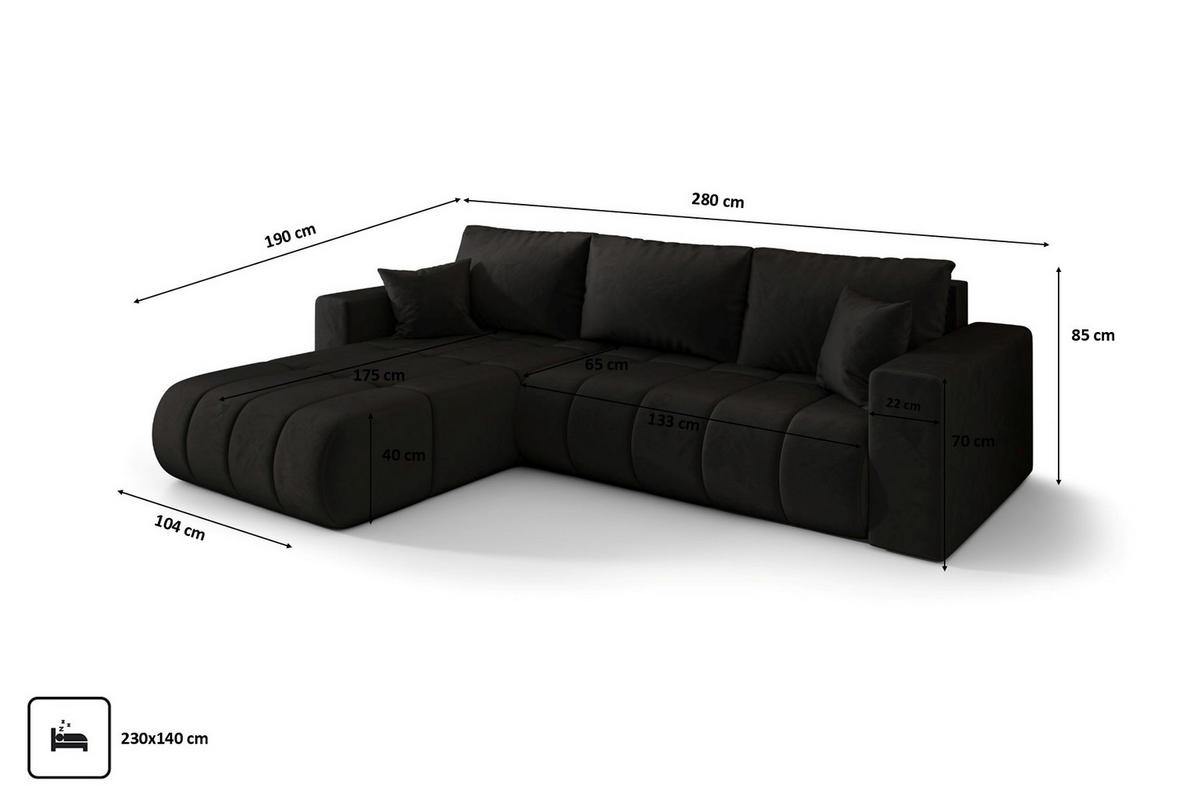 ECKSOFA mit schlaffunktion und bettkasten MILO PREMIUM, stoff MONOLITH, Anthrazit, Links - Anthrazit, Holz (280/190cm) - Kaiser Möbel
