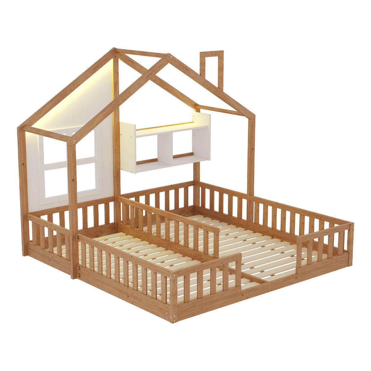 HAUSBETT 90/200 cm natur aus Massivholz und MDF mit LED und Sicherheitsgitter - Naturfarben, Holz (90/200cm) - OKWISH