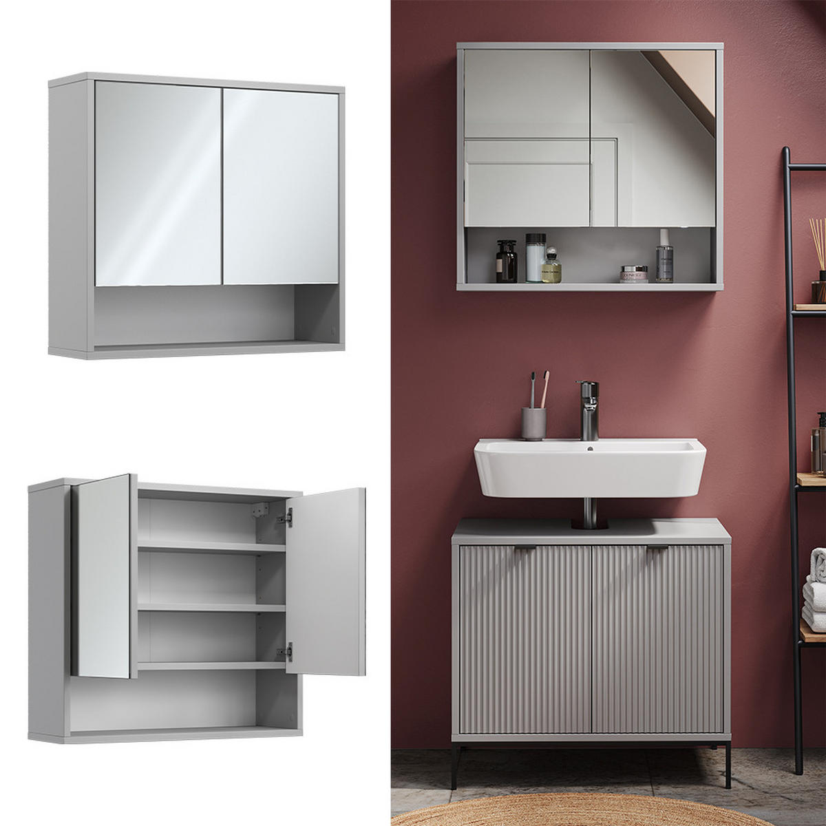 BADSPIEGELSCHRANK Eliza Grau 70 x 65 cm mit 2 Türen - Grau, Holzwerkstoff (70/65/22.1cm) - Vicco