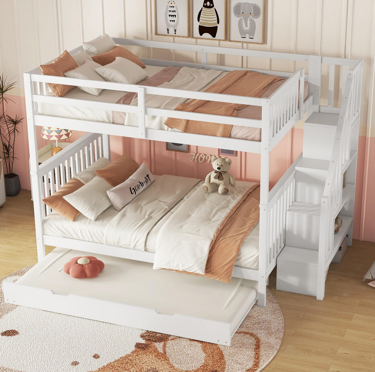 ETAGENBETT 140/200 cm aus Kiefern mit Treppenregal, ausziehbarem Rollbett und hohem Geländer, Weiß - Weiß, Holzwerkstoff (140/200cm) - Redom