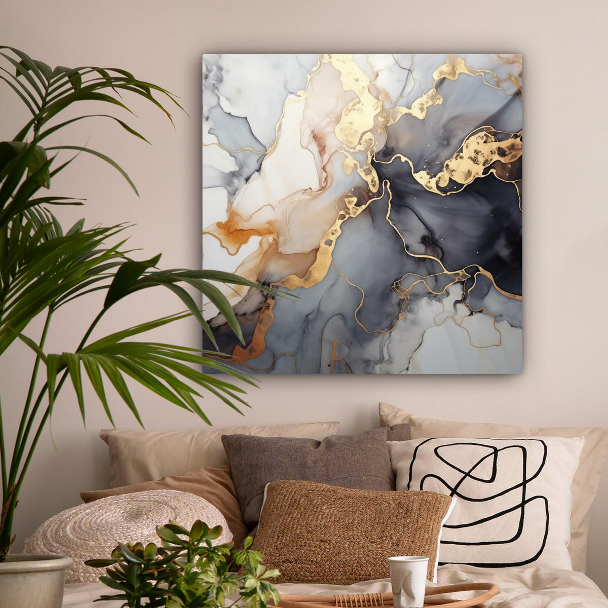 LEINWANDBILD Marmor - Schwarz - Gold - Weiß 90x90 cm - Dunkelgrau, Textil (90/90cm) - MuchoWow