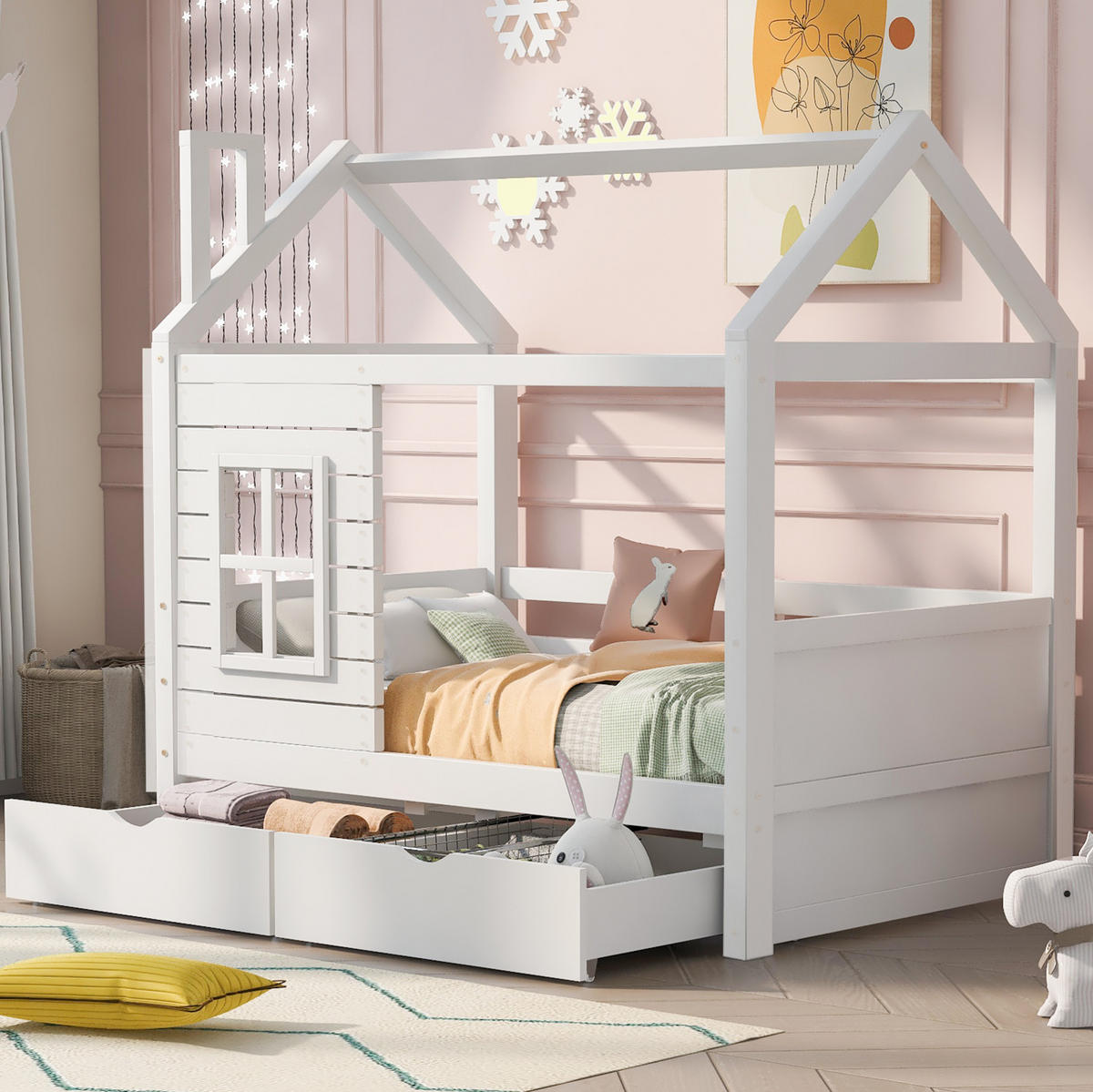 KINDERBETT Hausbett 80/160 cm aus massivem Kiefernholz mit Rausfallschutz - Weiß, Holzwerkstoff (80/160cm) - BEAOK