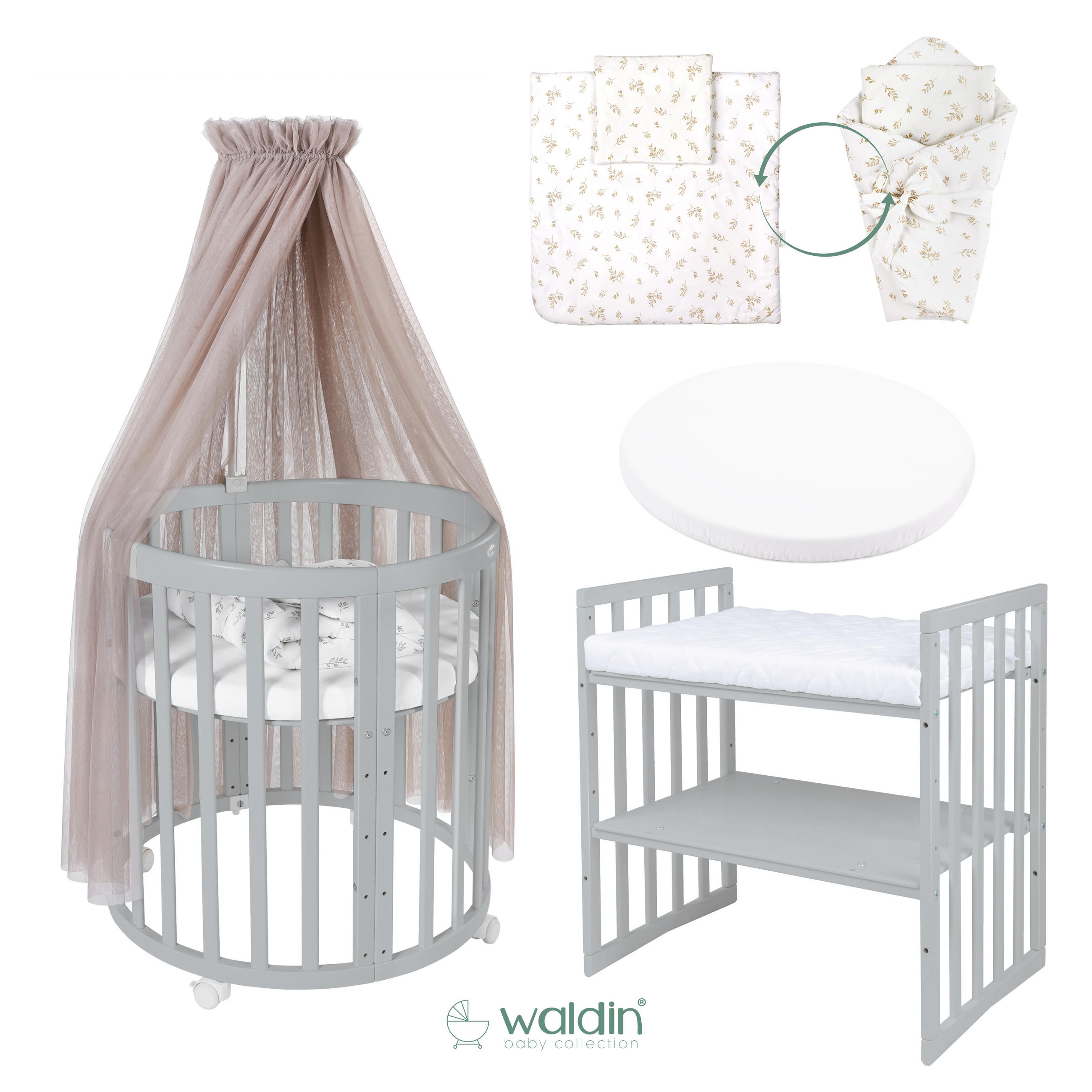 BABYBETT GREY OVAL 7in1 mit Matratze und Himmelset - Taupe/Grau, Holz/Textil