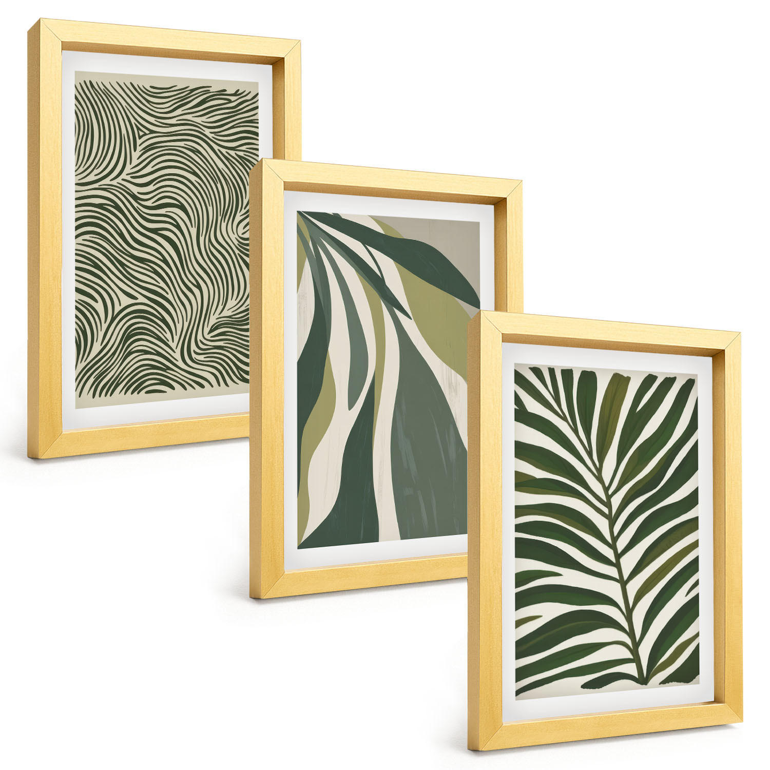 BILDER SET 3er Set - 20x30 cm Goldrahmen - Blätter mit wellenförmigen grünen Linien - Goldfarben, Kunststoff (20/30cm) - TULUP