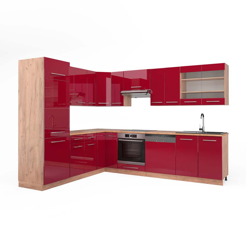 ECKKÜCHE Fame-Line Bordeaux Hochglanz/Goldkraft Eiche 227 x 287 cm AP Eiche - Honigeiche/Bordeaux, Holzwerkstoff (227/81.6/60cm) - Vicco