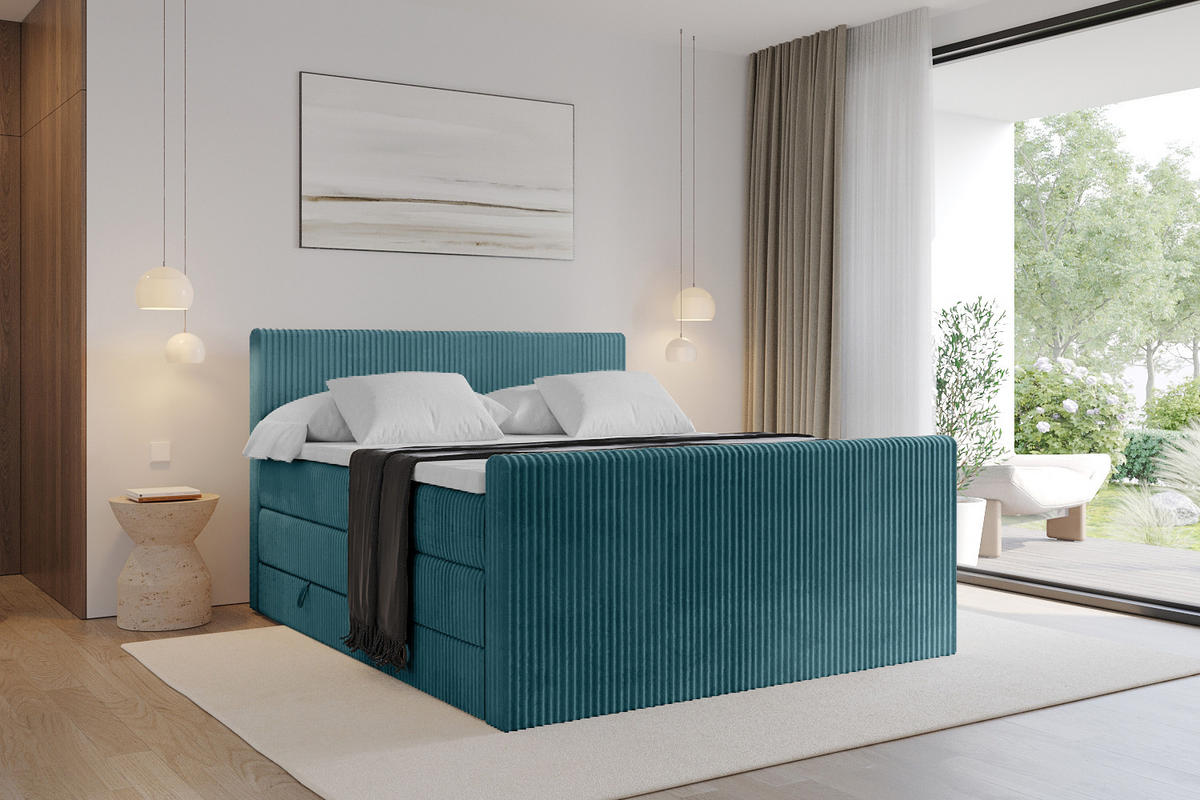 BOXSPRINGBETT mit Matratze H3|H4 und Lattenrost - TOLO-Z KING 200x200 Cord - Blau - Blau, Holzwerkstoff (200/200cm) - ALTDECOR