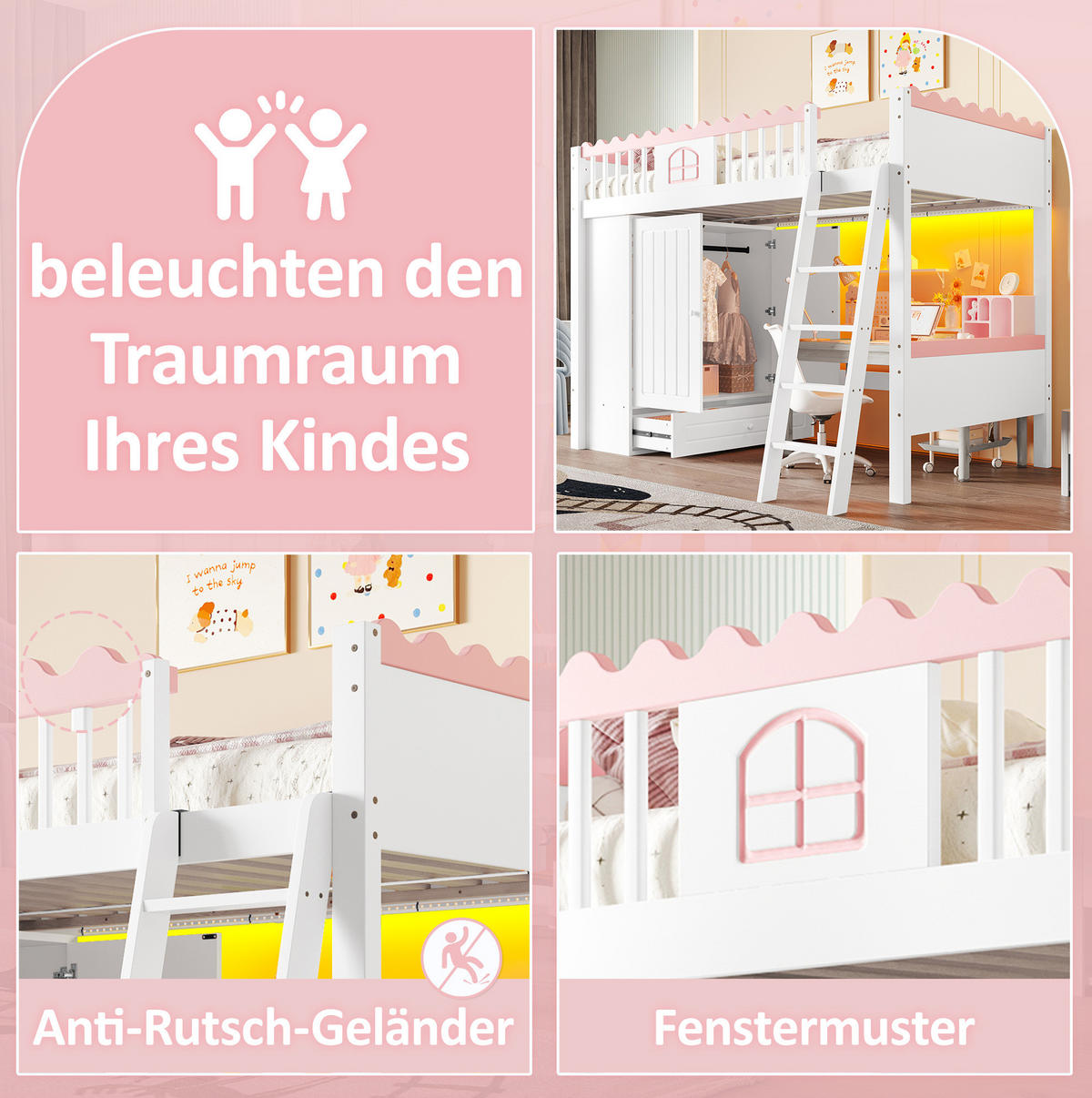 HOCHBETT aus Kiefer und MDF 90x200 cm Weiß mit Kleiderschrank, Schublade und LED-Beleuchtung - Weiß, Holzwerkstoff (90/200cm) - IVMEU