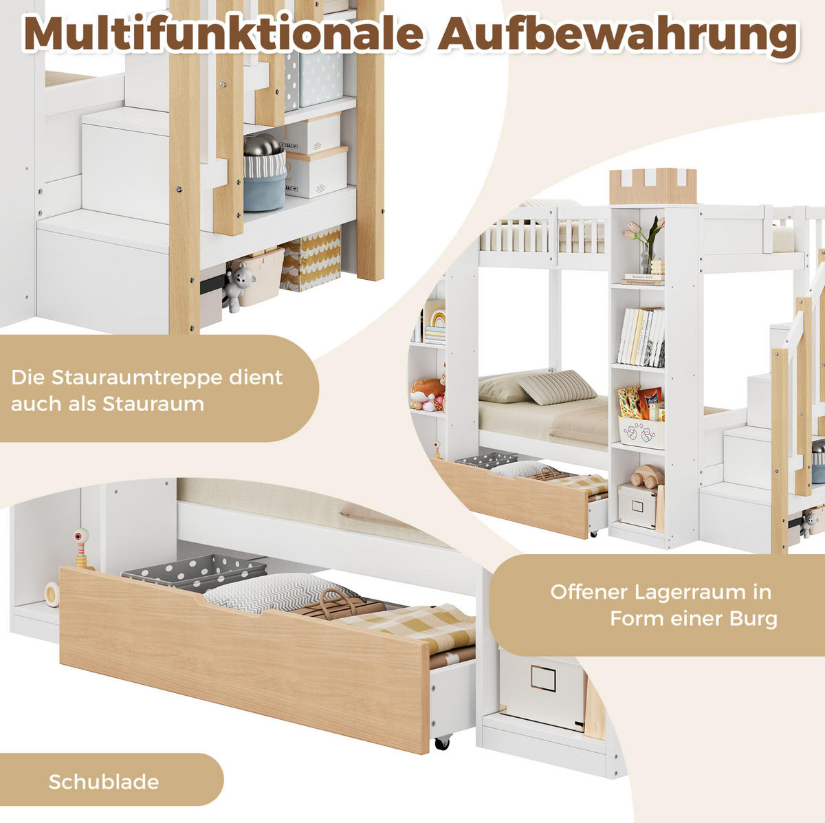 ETAGENBETT aus Kiefernholz 90x200 cm Weiß mit Stauraumtreppe und Schubladen - Weiß, Holz (90/200cm) - Modfu