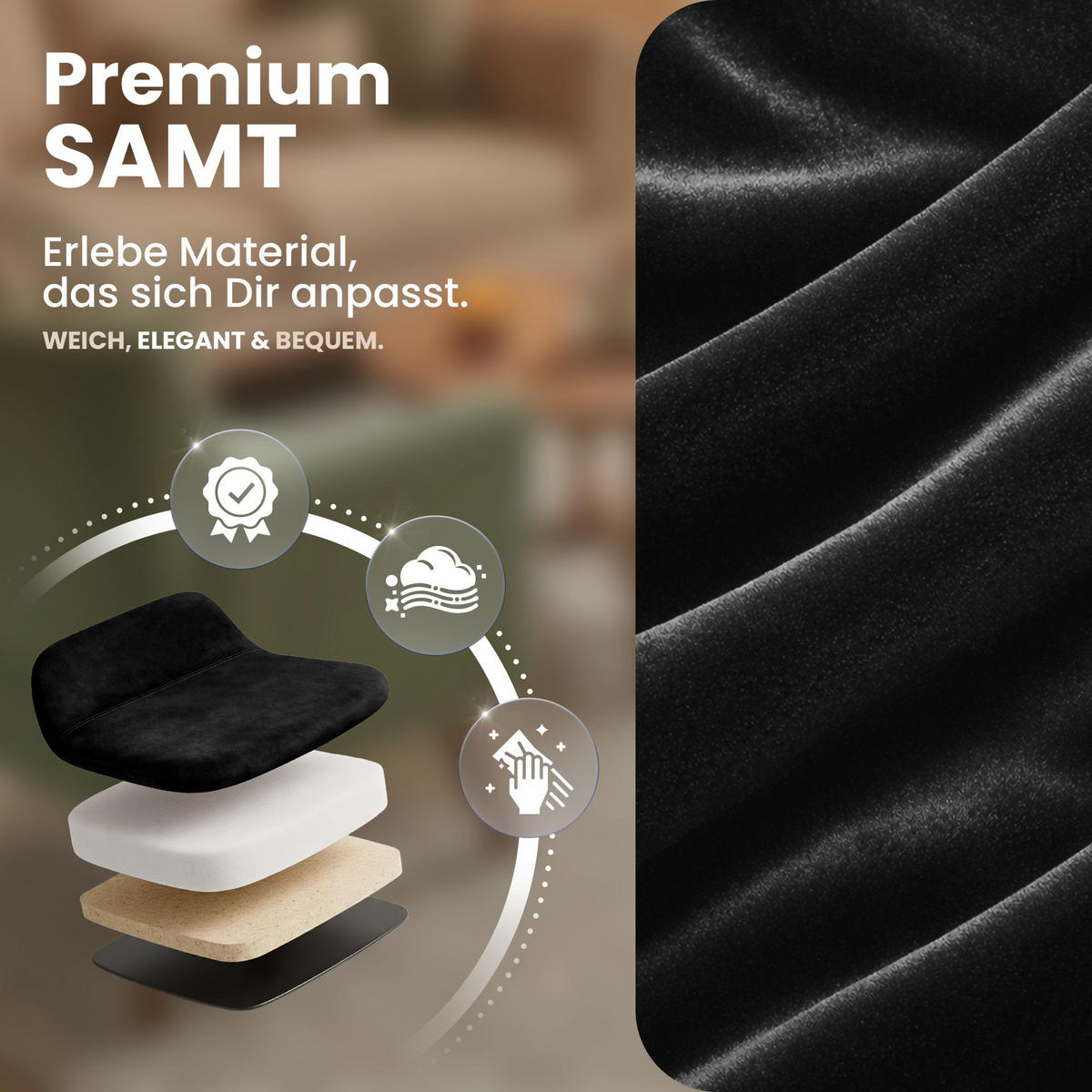 STUHL 4 Samt Schwarz - Schwarz, Textil/Metall (45/84/55cm) - CLP
