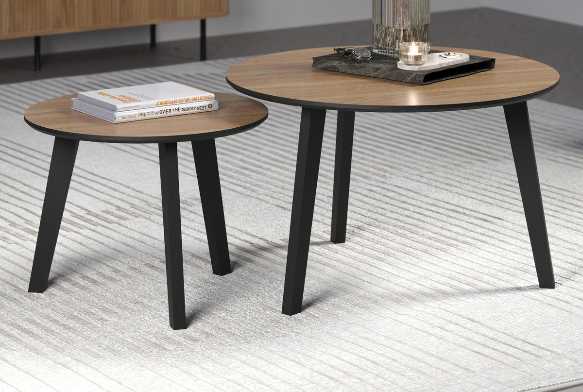 COUCHTISCH 2er Set Eiche, schwarz 2x Beistelltisch rund - Eichefarben/Schwarz, Holzwerkstoff (50/50/39cm) - Top.Furn