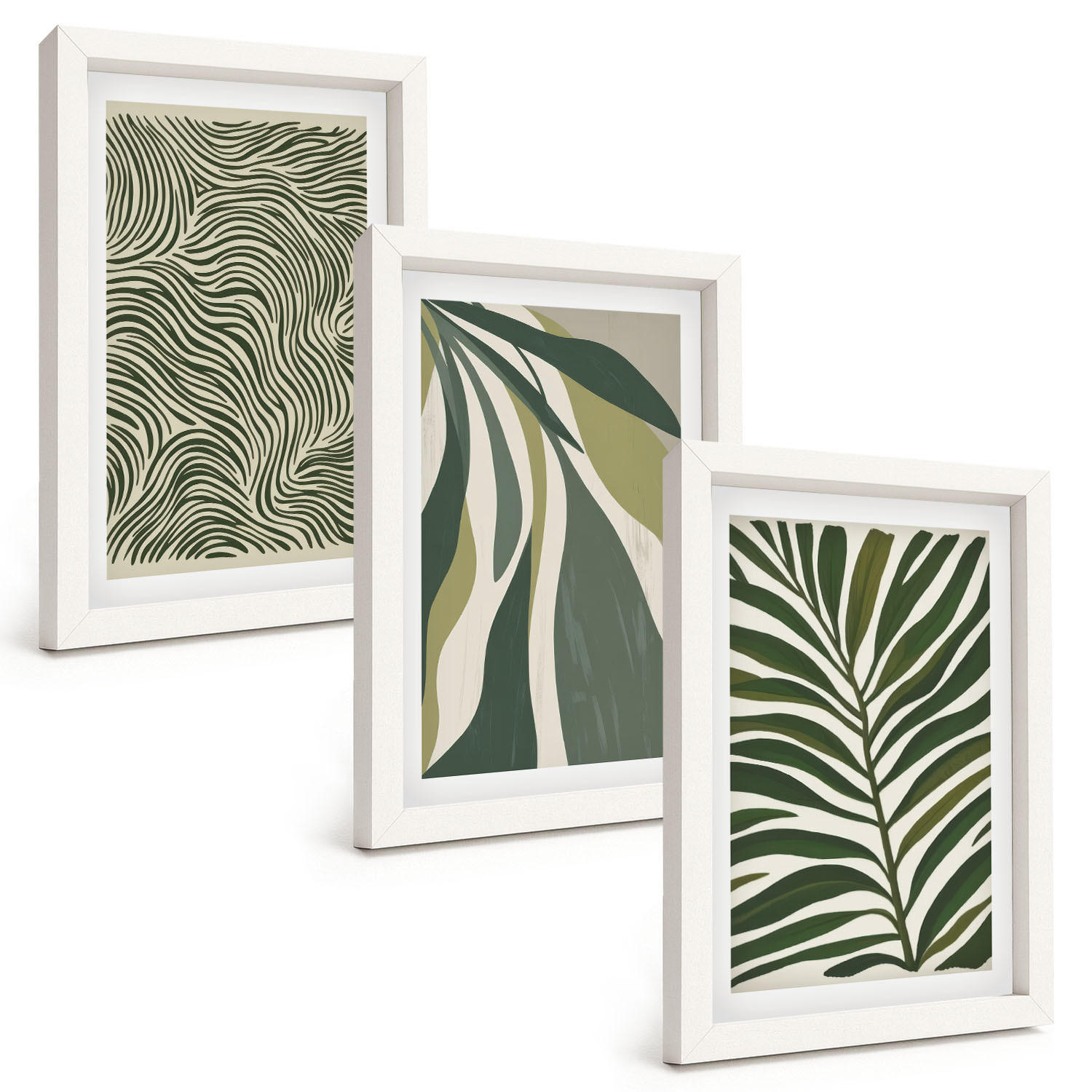 BILDER SET 3er Set - 20x30 cm Weißer Rahmen - Blätter mit wellenförmigen grünen Linien - Weiß, Kunststoff (20/30cm) - TULUP