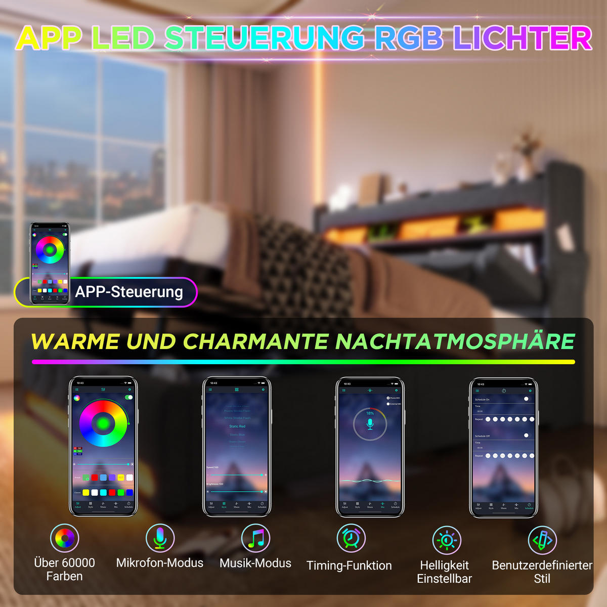 POLSTERBETT aus Leinen 180x200 cm in Grau mit LED & USB/Typ-C - Grau, Textil (180/200cm) - Modfu