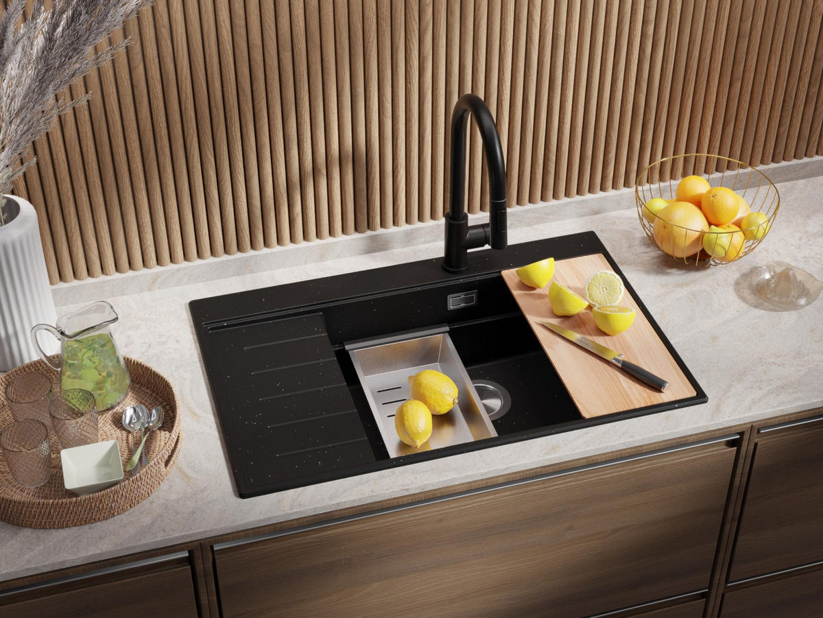 SPÜLBECKEN Sydney, 2-er set Schwarz Metallic 78/50 cm 1 Becken + Ablauf-Set + Küchenzubehörset ab 60er Unterschrank - Chromfarben/Schwarz Hochglanz, Kunststoff (78/20/50cm) - Primagran