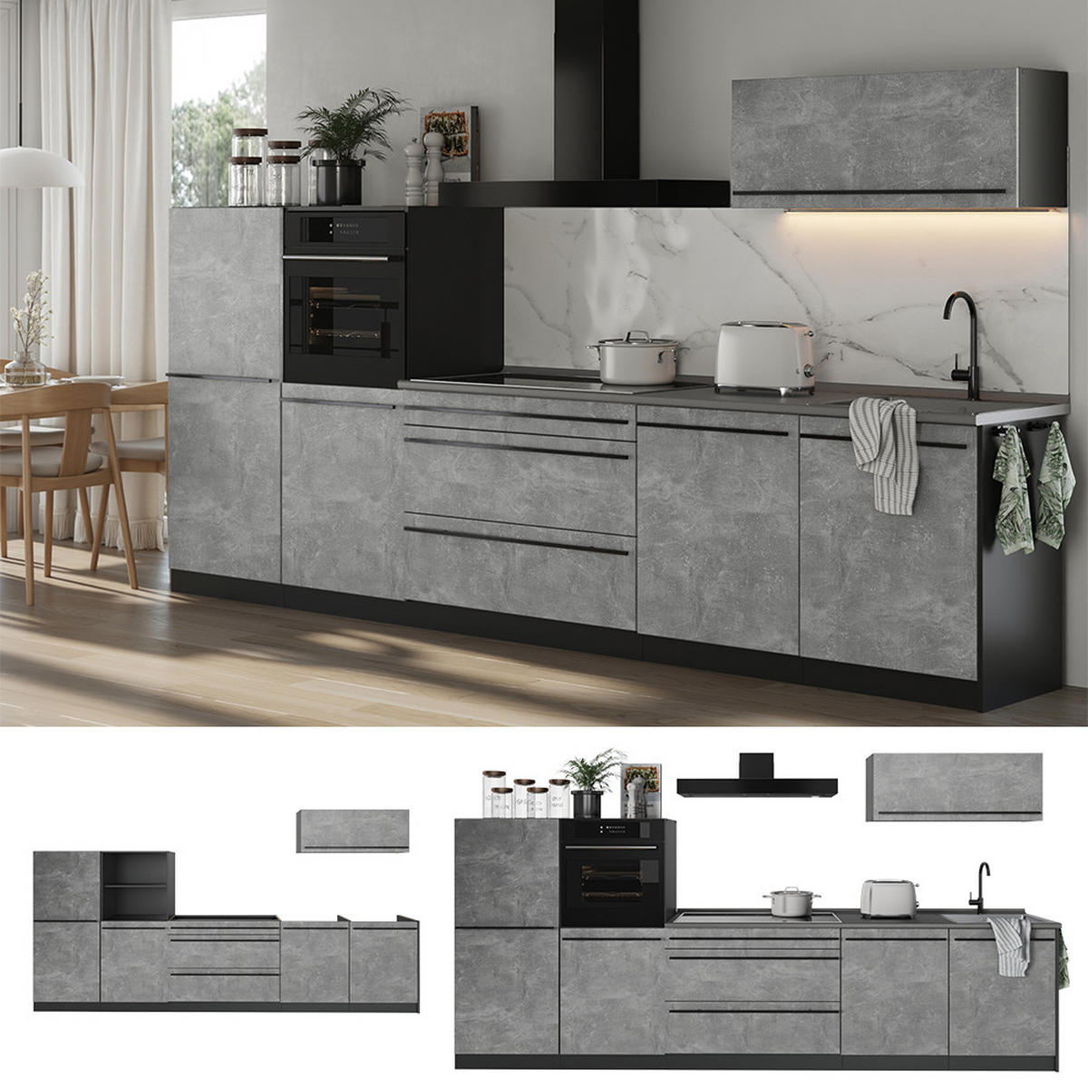 KUCHYŇSKÝ KOUT R-Line, Beton/Antracit, 340 cm pracovná doska Dub Goldkraft - šedá/antracitová, kompozitní dřevo (340/143/60cm) - Vicco