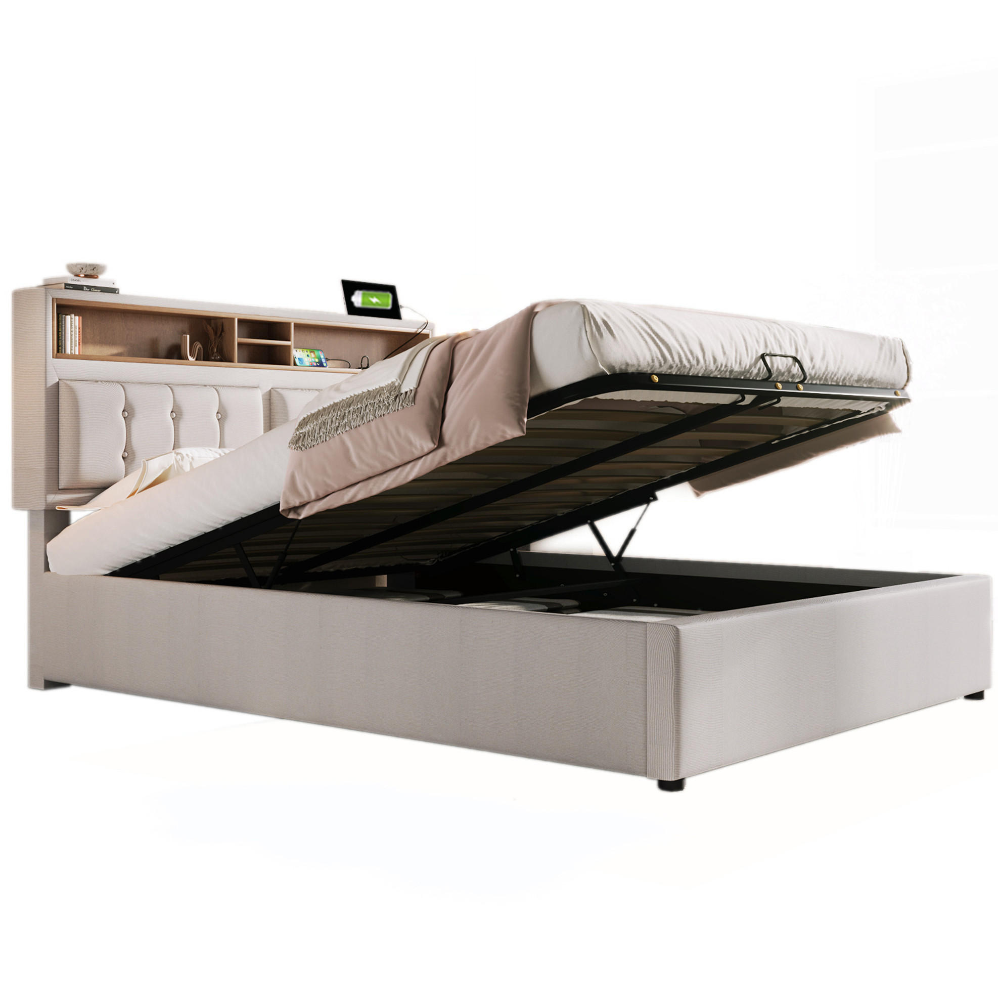 POLSTERBETT 160/200 cm Beige aus Leinen mit Stauraum und USB-C-Anschluss - Beige, Textil (160/200cm) - OKMYHOME