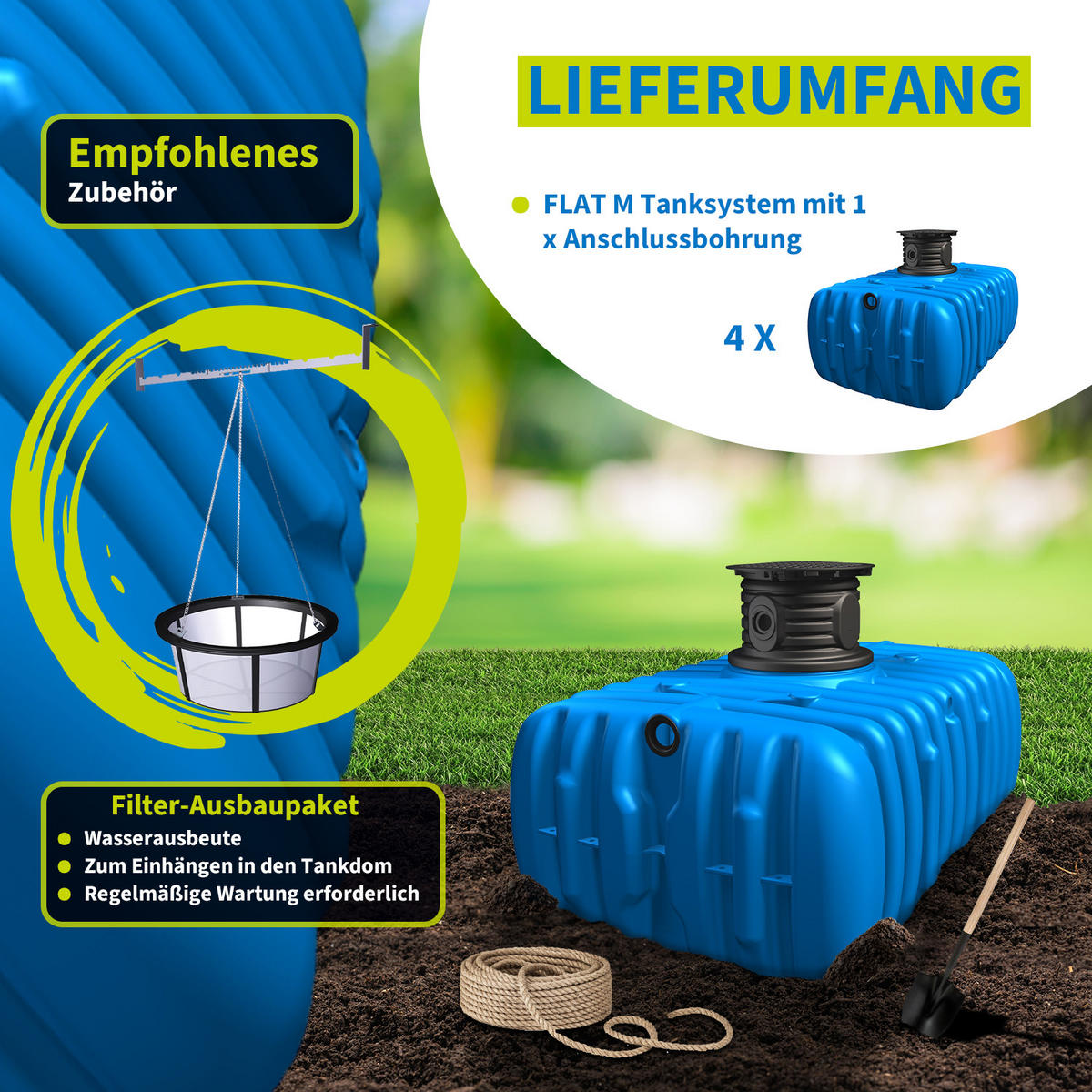 M Flachtank 12000 L inkl. Schachtverlängerung - Blau, Kunststoff (640/109/245cm) - 4rain