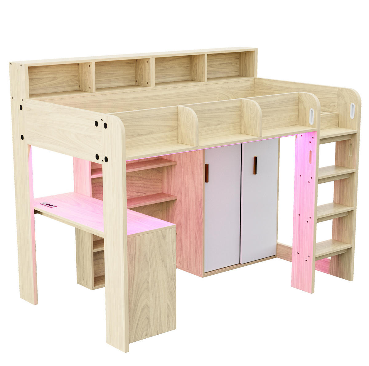 HOCHBETT aus Holzwerkstoff 90x200 cm Holzfarbe mit Schreibtisch, Kleiderschrank, LED und Steckdosen - Naturfarben, Holzwerkstoff (90/200cm) - IVMEU