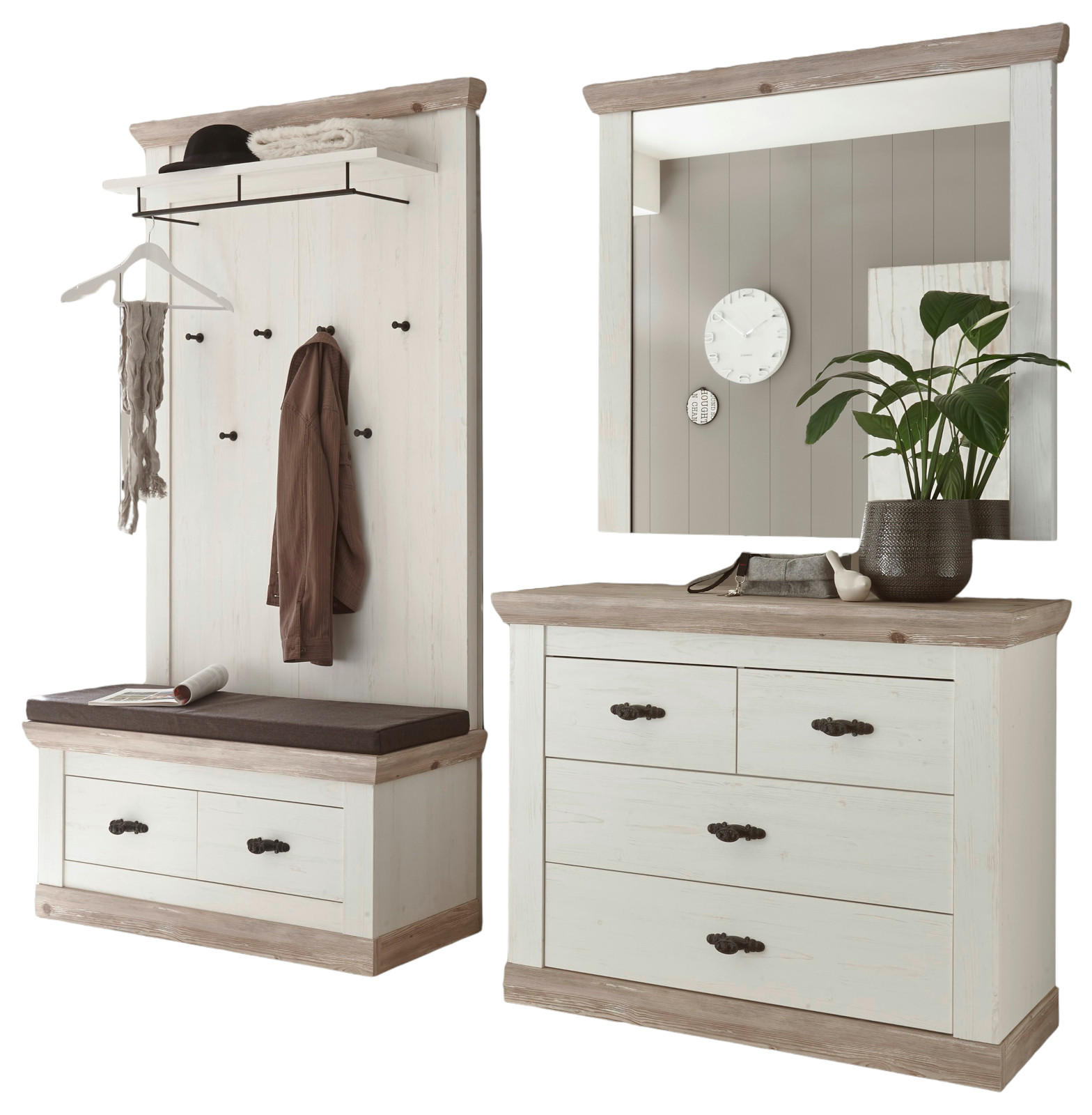 GARDEROBENKOMBINATION Pinie weiß, Oslo Pinie Landhaus, Garderobe Set 4-tlg., 224 x 201 cm - Anthrazit/Weiß, Holzwerkstoff/Metall (224/201/45cm) - Furn.Design