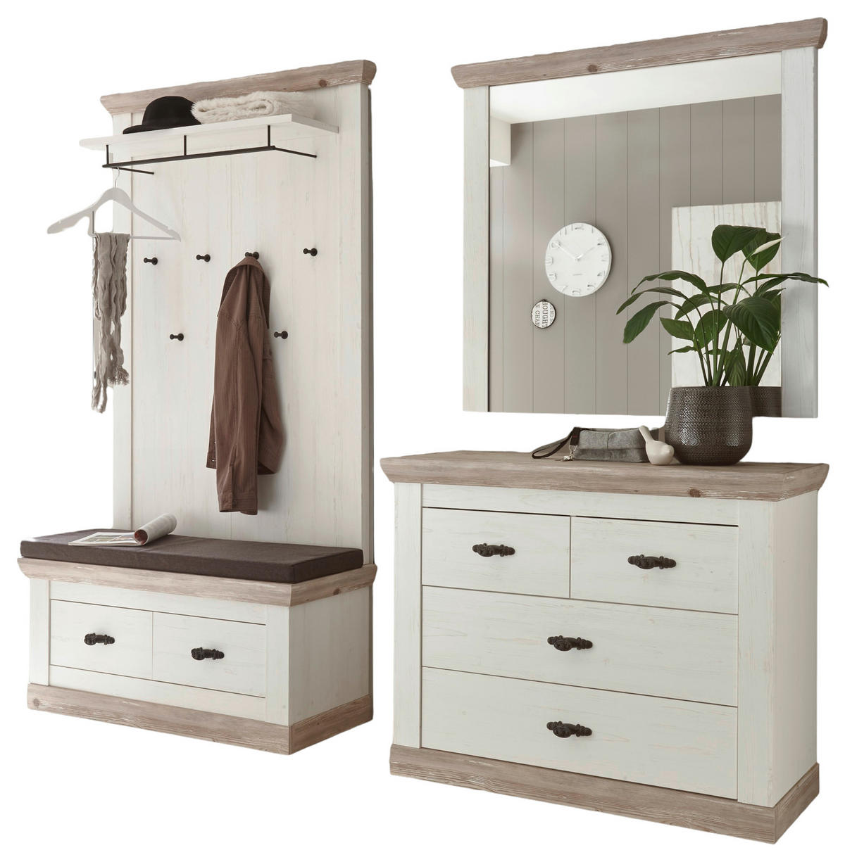 GARDEROBENKOMBINATION Pinie weiß, Oslo Pinie Landhaus, Garderobe Set 4-tlg., 224 x 201 cm - Anthrazit/Weiß, Holzwerkstoff/Metall (224/201/45cm) - Furn.Design