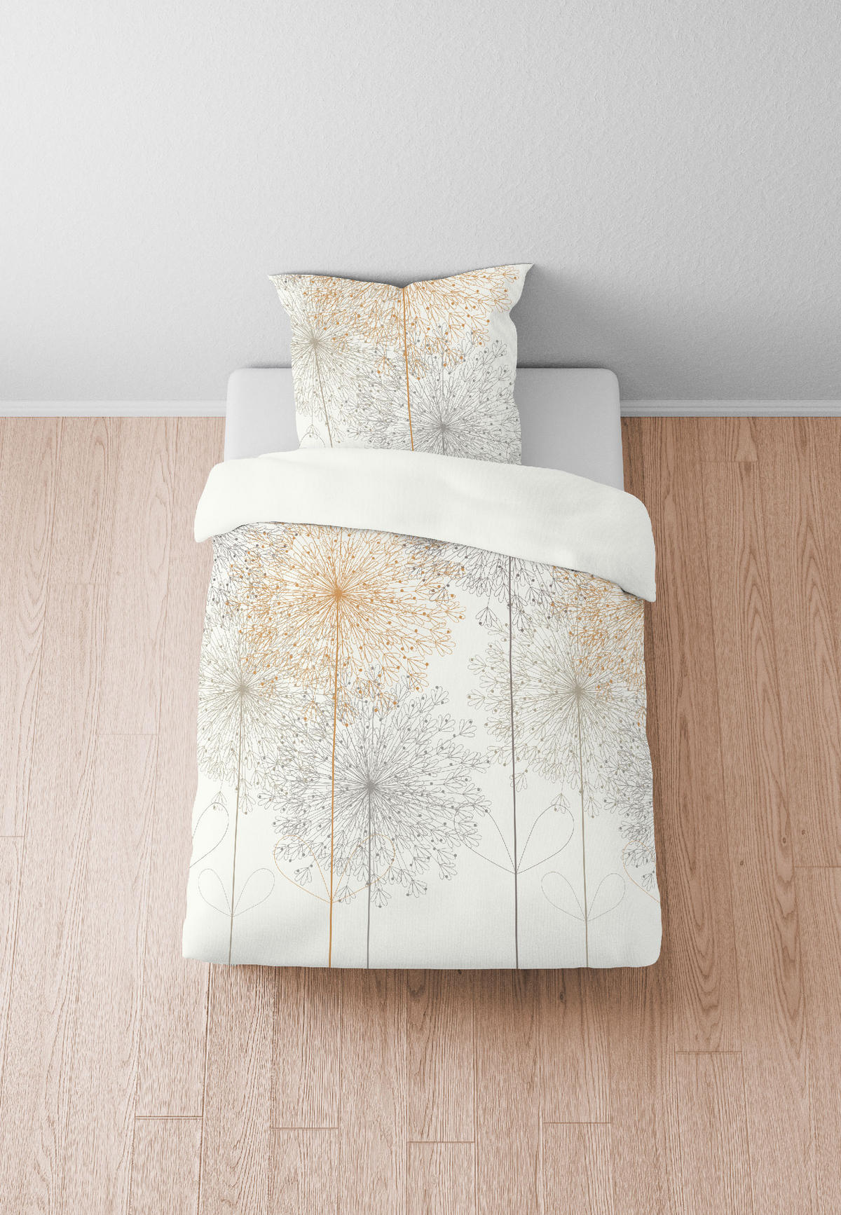 BETTWÄSCHE-GARNITUR Satin Pusteblume Grafisch gold, 135x200 cm + 80x80 cm - Goldfarben, Textil (135/200cm) - biberna