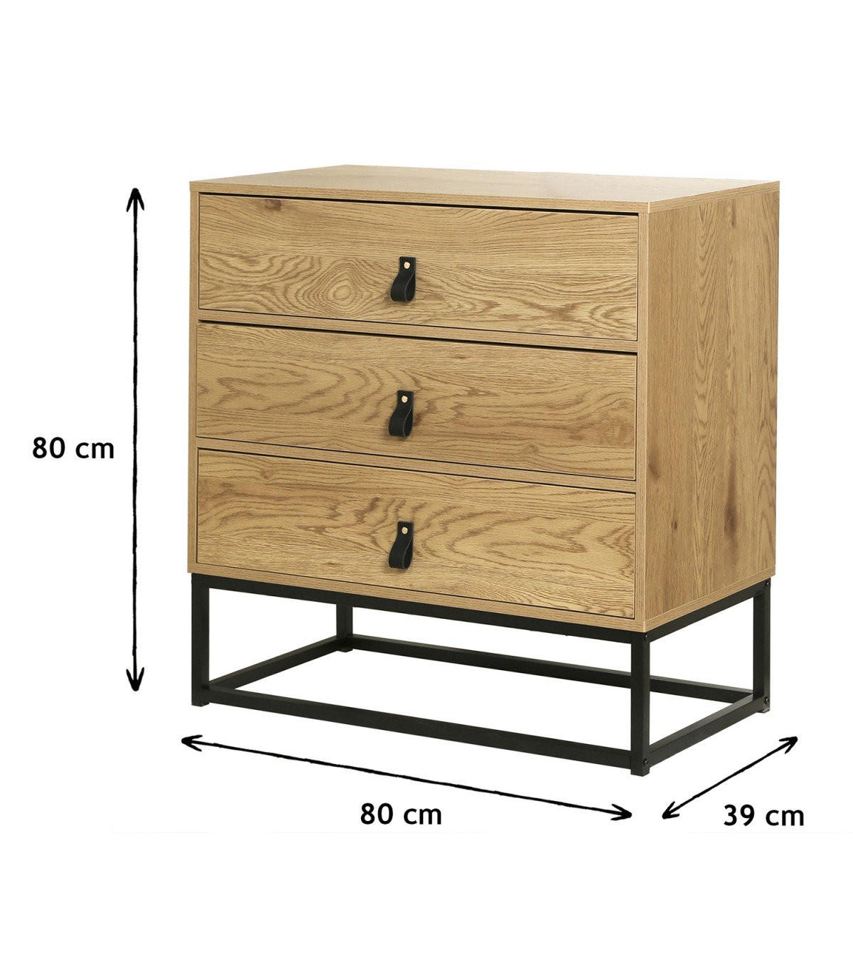 KOMMODE in Eiche-Dekor mit 3 Schubladen und Metallgestell - Eichefarben, Holzwerkstoff (39/79.5/80cm) - Calicosy