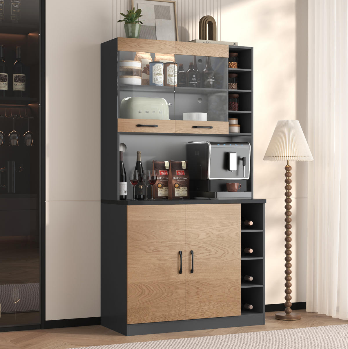 BUFFET 100/187/47 cm Grau/Natur aus MDF und Glas mit LED-Beleuchtung - Naturfarben, Holzwerkstoff (47/187/100cm) - OKMYHOME