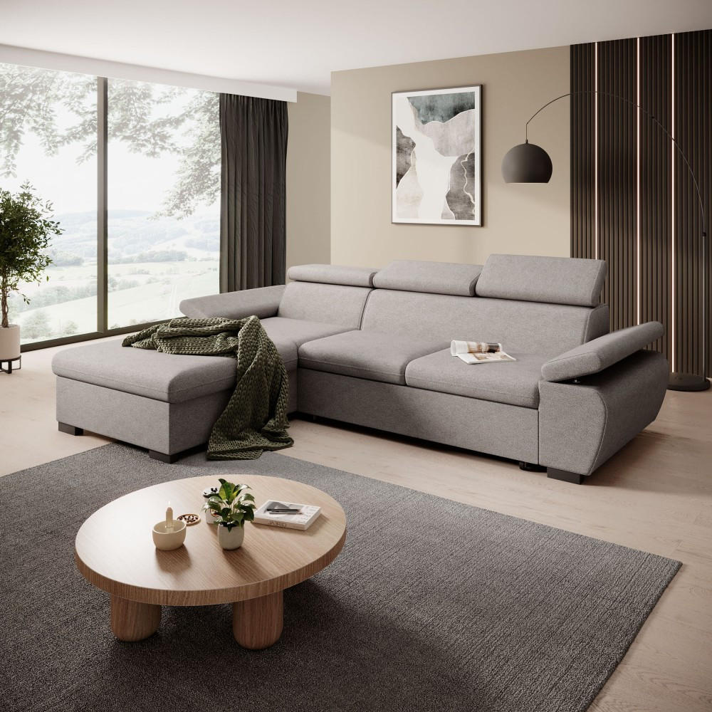 ECKSCHLAFSOFA Coco mit verstellbare Kopfstützen, grau, links - Grau, Textil (273/191cm) - Beautysofa