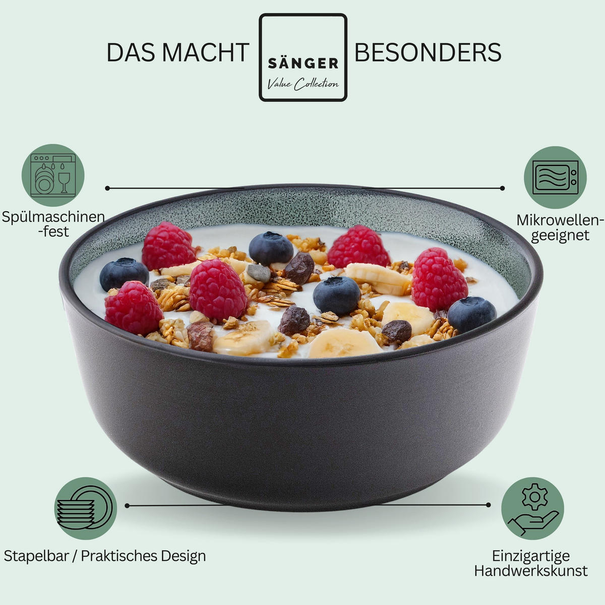 SCHALEN SET MALMÖ - 6 teilig aus Steingut - Grün, Stein (16.5/16.5/6.5cm) - Sänger