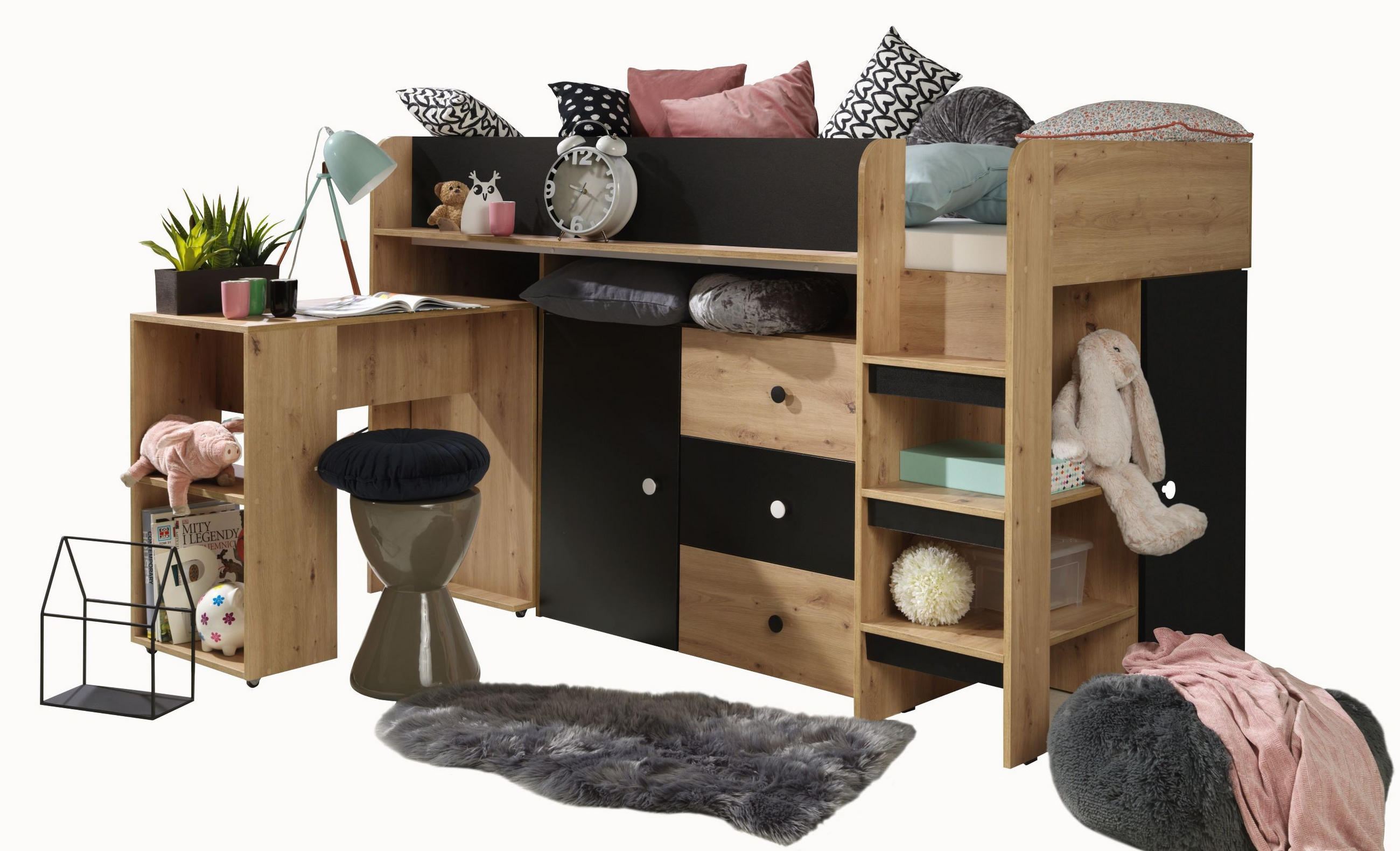 Möbel Kryspol Hochbett Weiß, Schwarz 90x200 cm