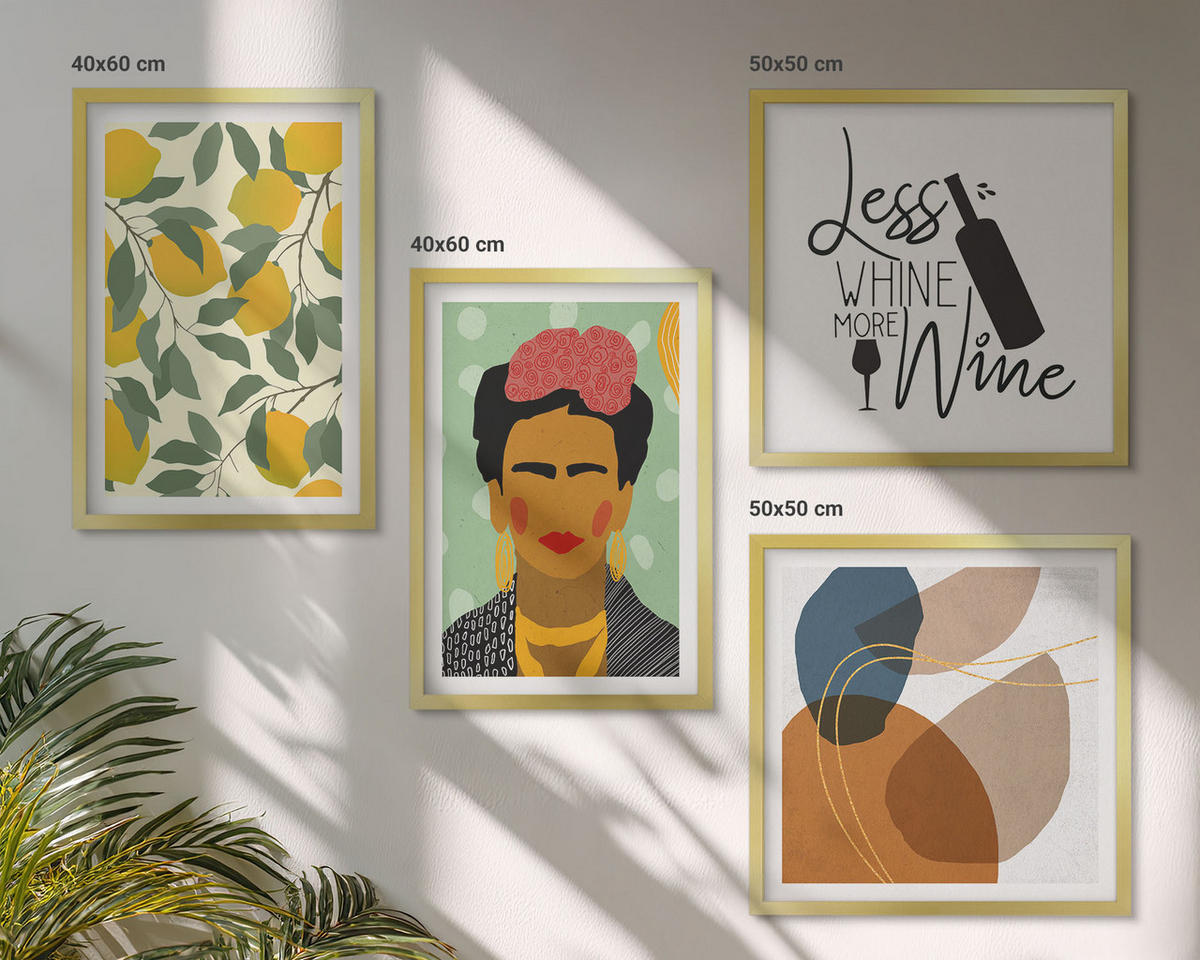 WANDBILDER 4er Set - 50x50 cm & 40x60 cm Goldrahmen - Zitronenweinporträt von Frida - Goldfarben, Kunststoff (50/50cm) - ArtPrintCave
