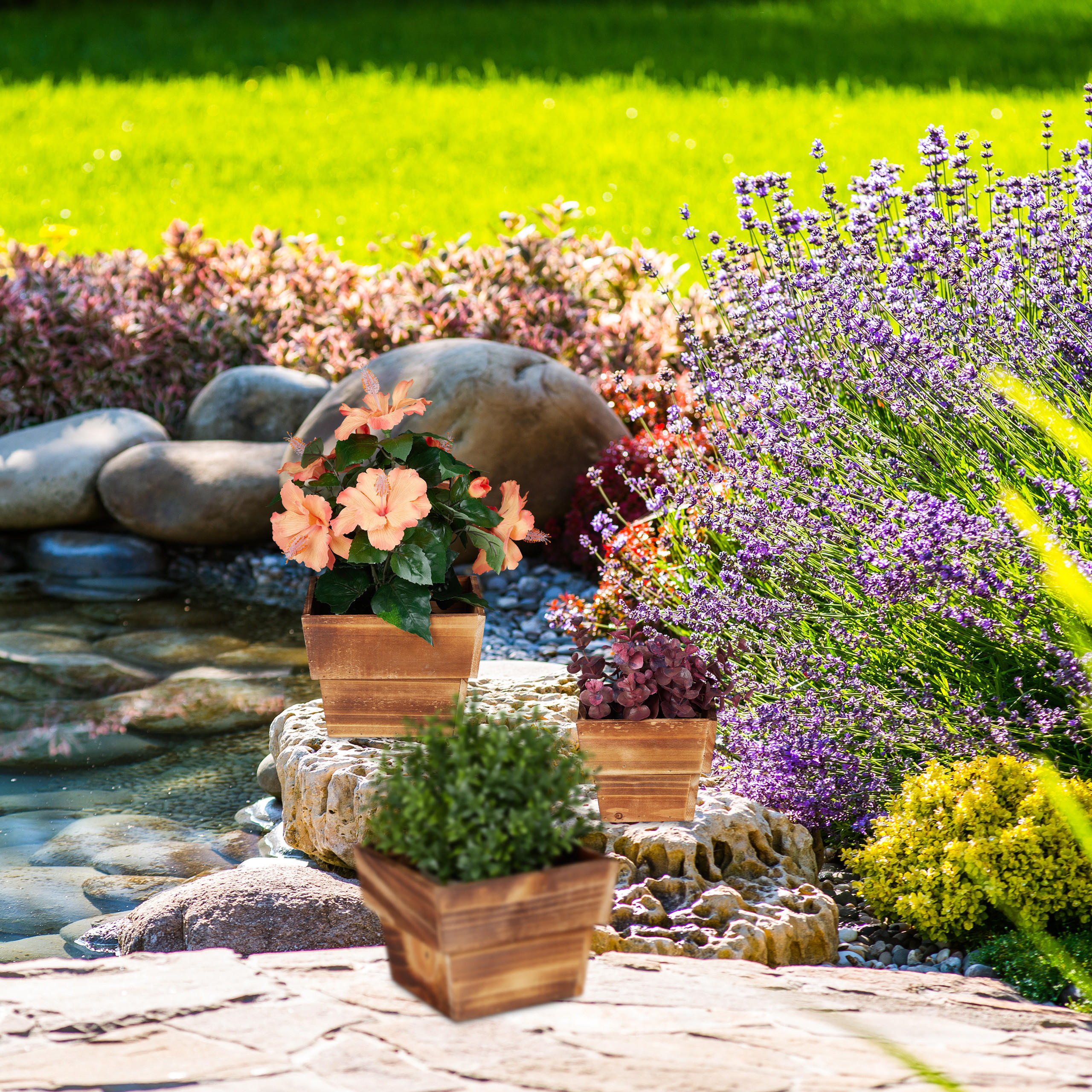 3xBLUMENTOPF - Hellbraun, Holz (19/14/19cm) - Relaxdays