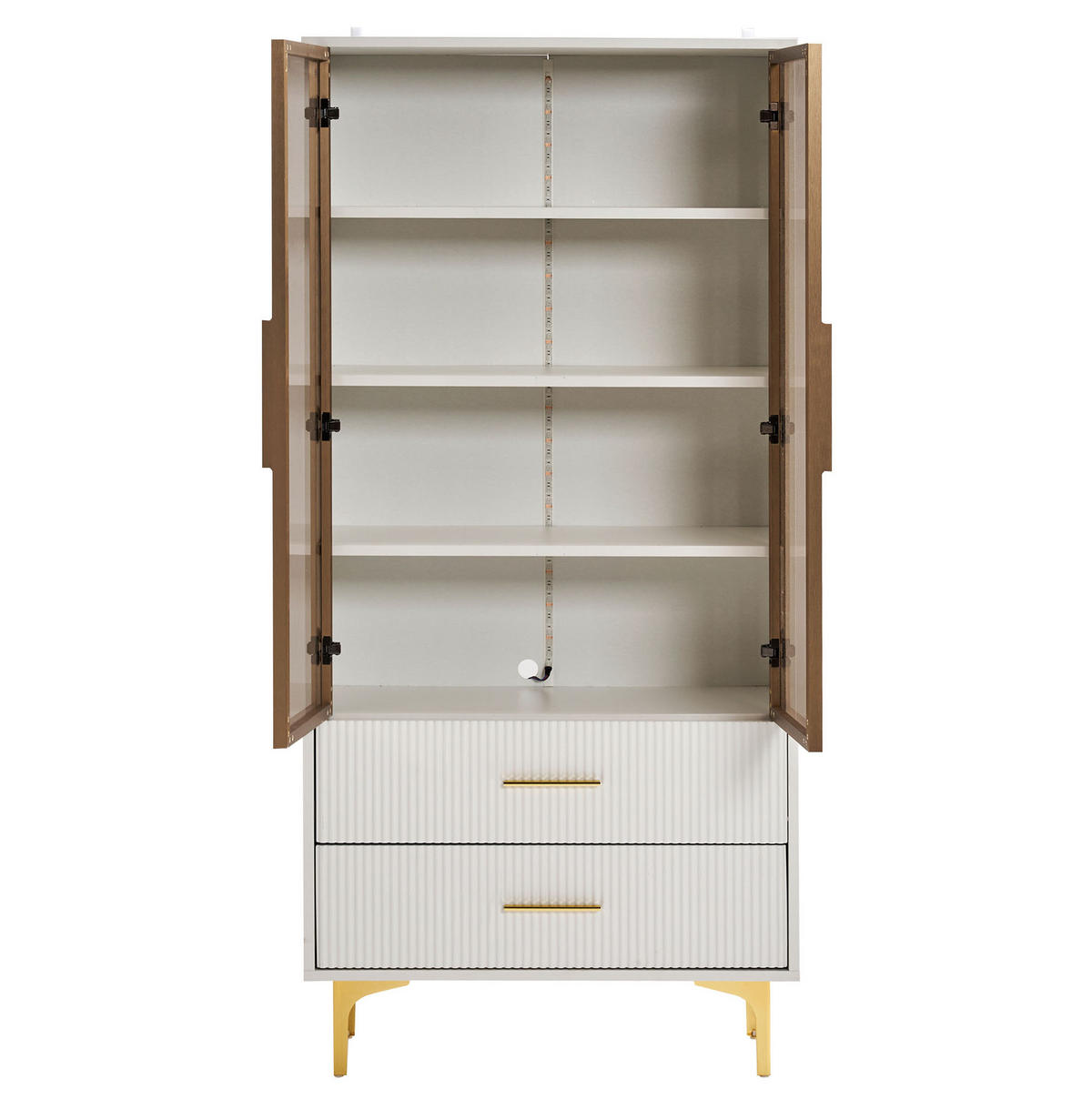 HIGHBOARD mit Glastüren 70/35/150 cm in Weiß mit LED und 2 Schubladen - Weiß, Holzwerkstoff (70/150/35cm) - BEAOK