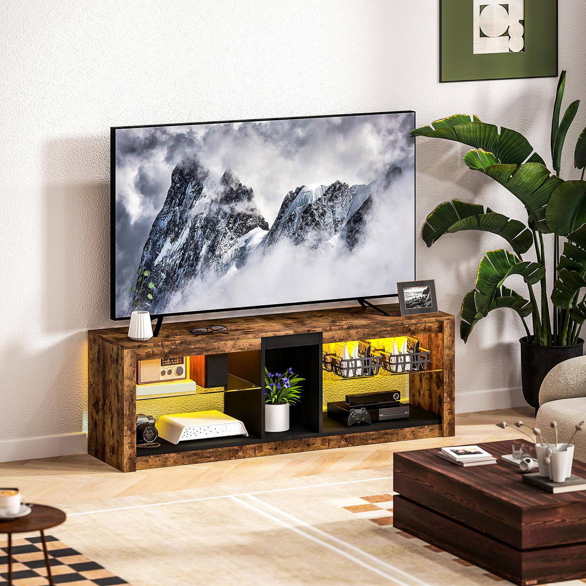 TV-LOWBOARD Braun 140/35/47 cm, LED-Beleuchtung, Glasböden - Braun, Holzwerkstoff (140/47/35cm) - PANGIVO