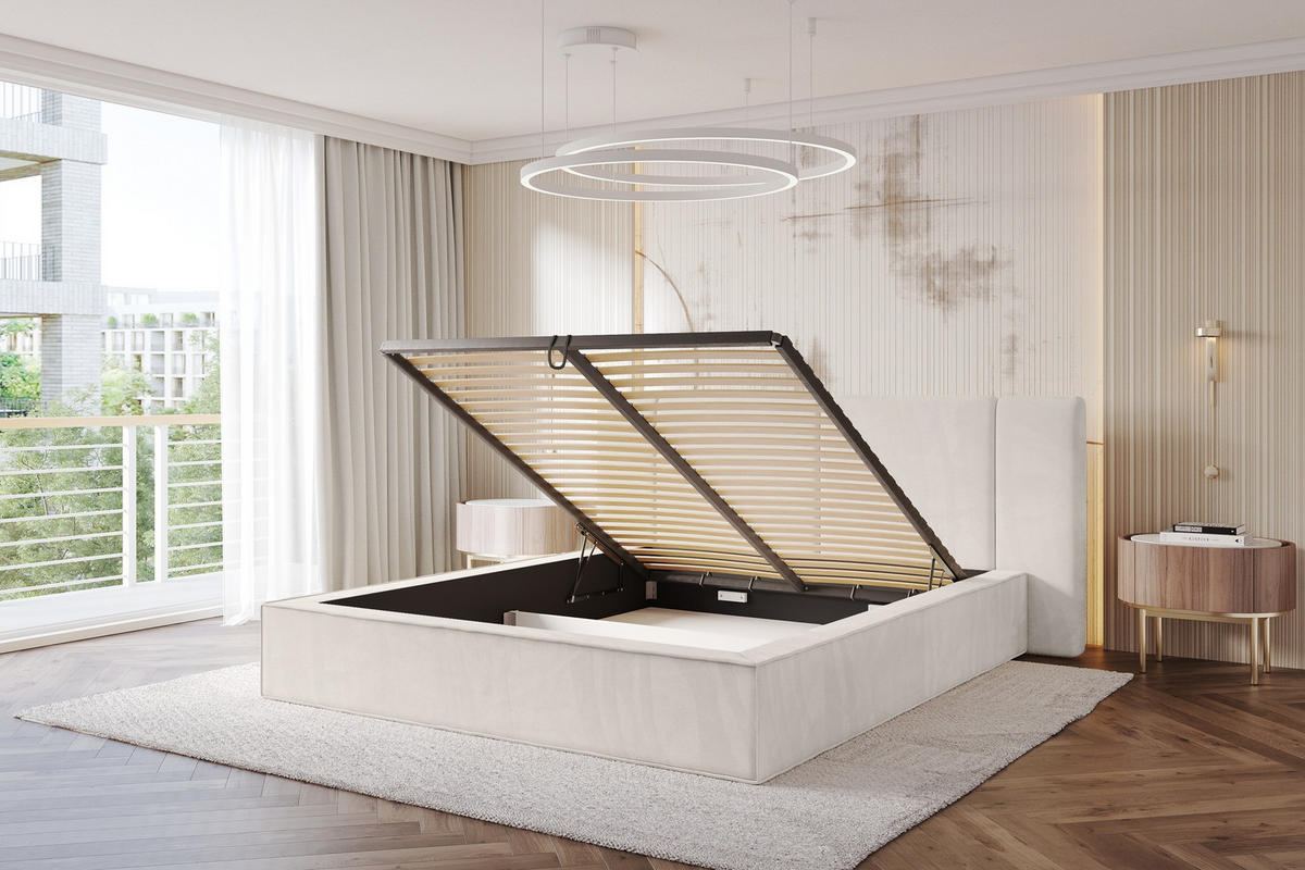 POLSTERBETT mit Bettkasten und Lattenrost, Bett mit Matratze H3/H4 - RIVO 160x200 Beige - Ecru, Holzwerkstoff/Textil (160/200cm) - ALTDECOR