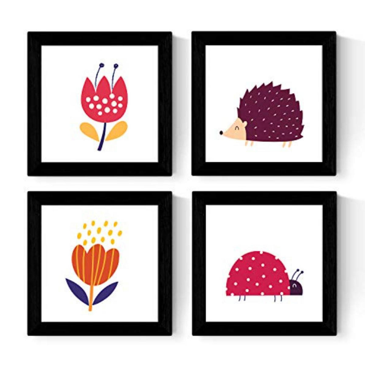 POSTER Set mit 4 ErishIllustrationen, Marienkäfer und Blumen Nordic Stil 20x20cm Rahmenlos - Klar, Papier (20/3cm) - Nacnic