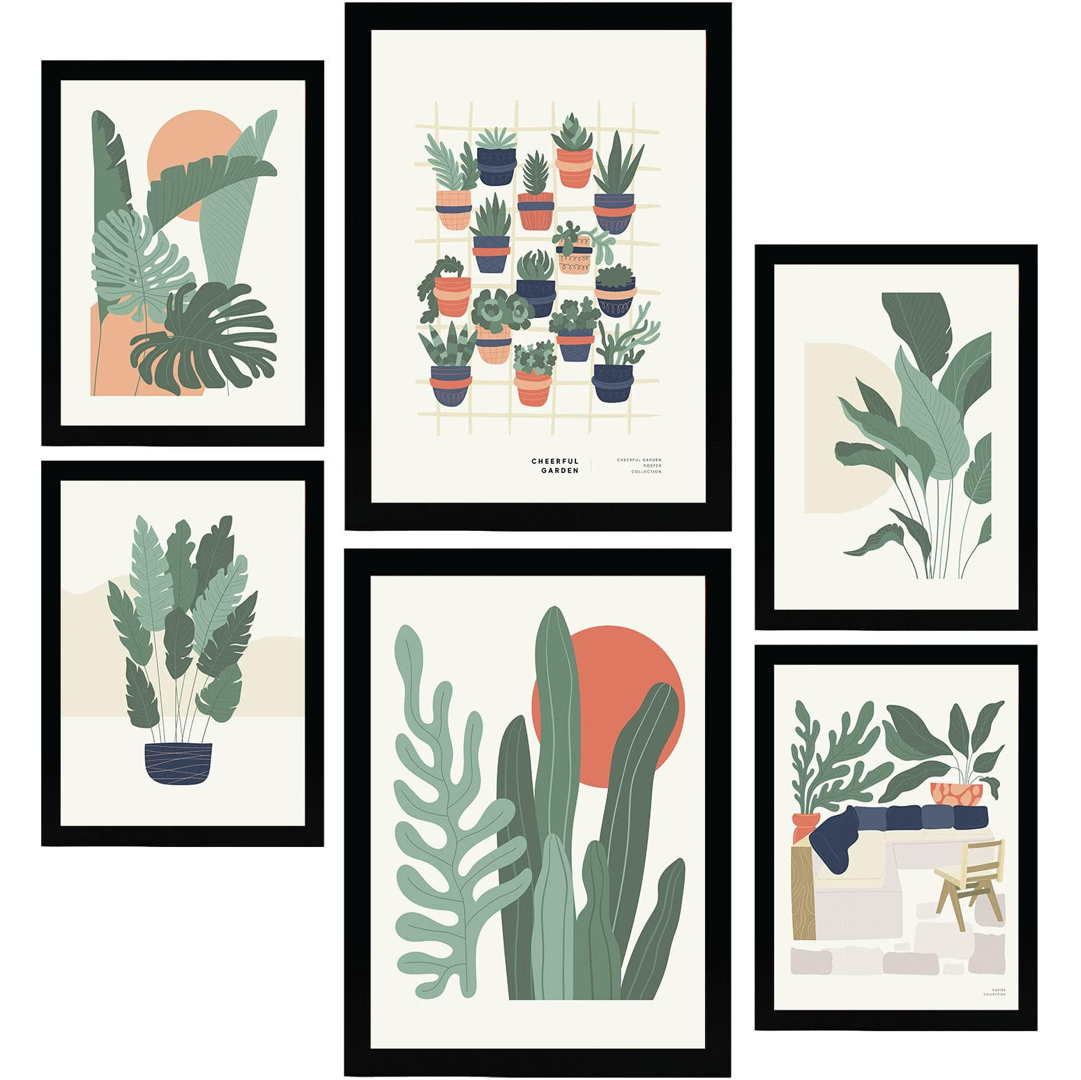 POSTER Set Mit 6 Minimalistischen In Pastellfarben Wüstenpflanzen Drucke Von Landschaften Und Natur Für Innenarchitektur A3 & A4 Schwarzer Rahmen - Schwarz, Papier (29/3cm) - Nacnic