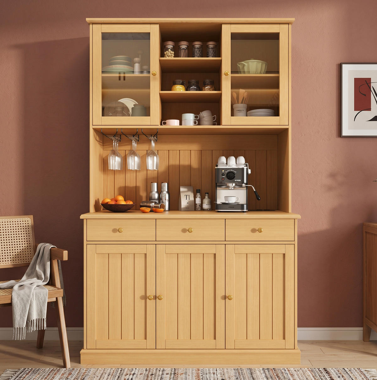 BUFFETSCHRANK aus Spanplatte 120x40x191 cm Naturfarben mit Glastüren, Gläserhalter und Steckdosen - Naturfarben, Holzwerkstoff (120/191/40cm) - IVMEU