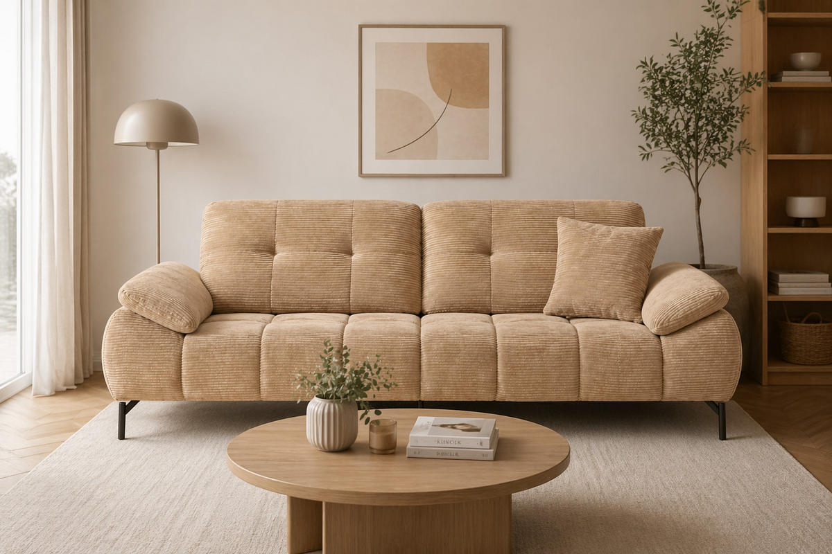 BIG Sofa Tiko Cord 245cm - Schwarz/Braun, Holz/Metall (245/97/100cm) - Möbeldreams