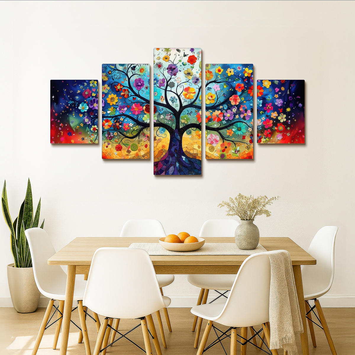 LEINWANDBILD 5er Set Bunt - Baum des Lebens - Blumen - Abstrakt 150x80 cm - Blau, Textil (150/80cm) - MuchoWow